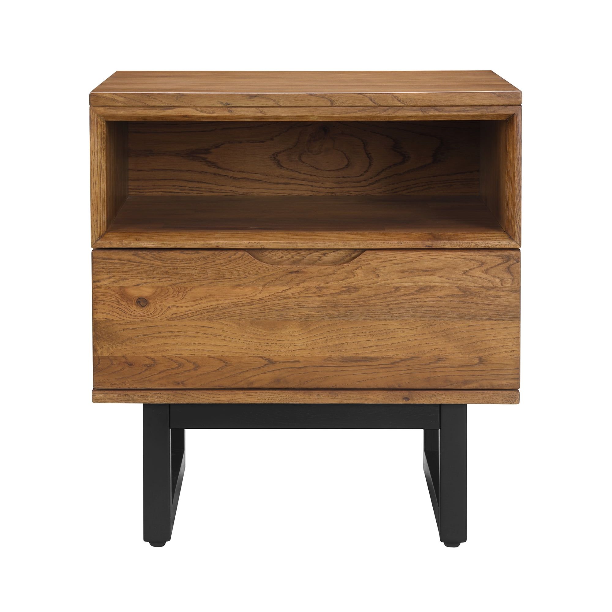 Brown Oak Wood Nightstand with Black Metal Base and Drawer