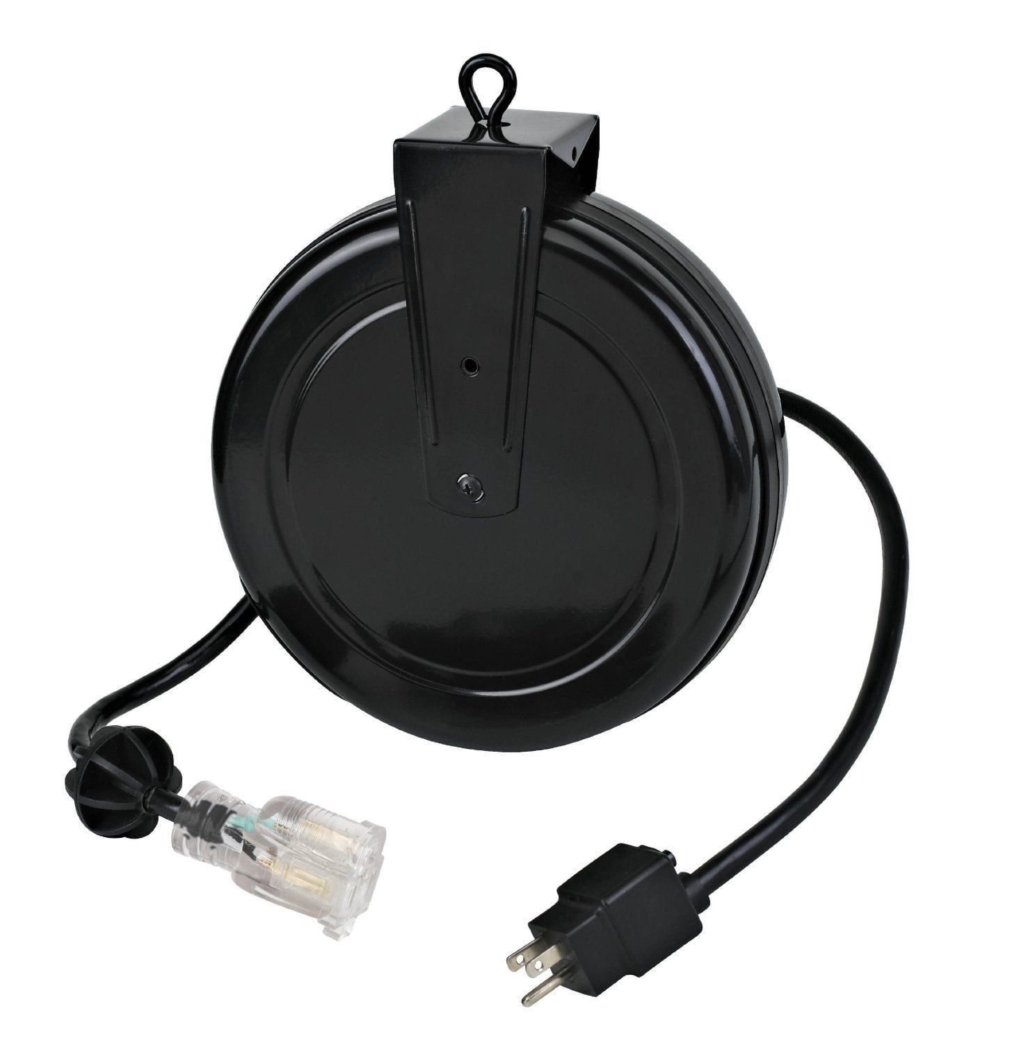 Black Industrial Retractable Extension Cord Reel with Single Outlet