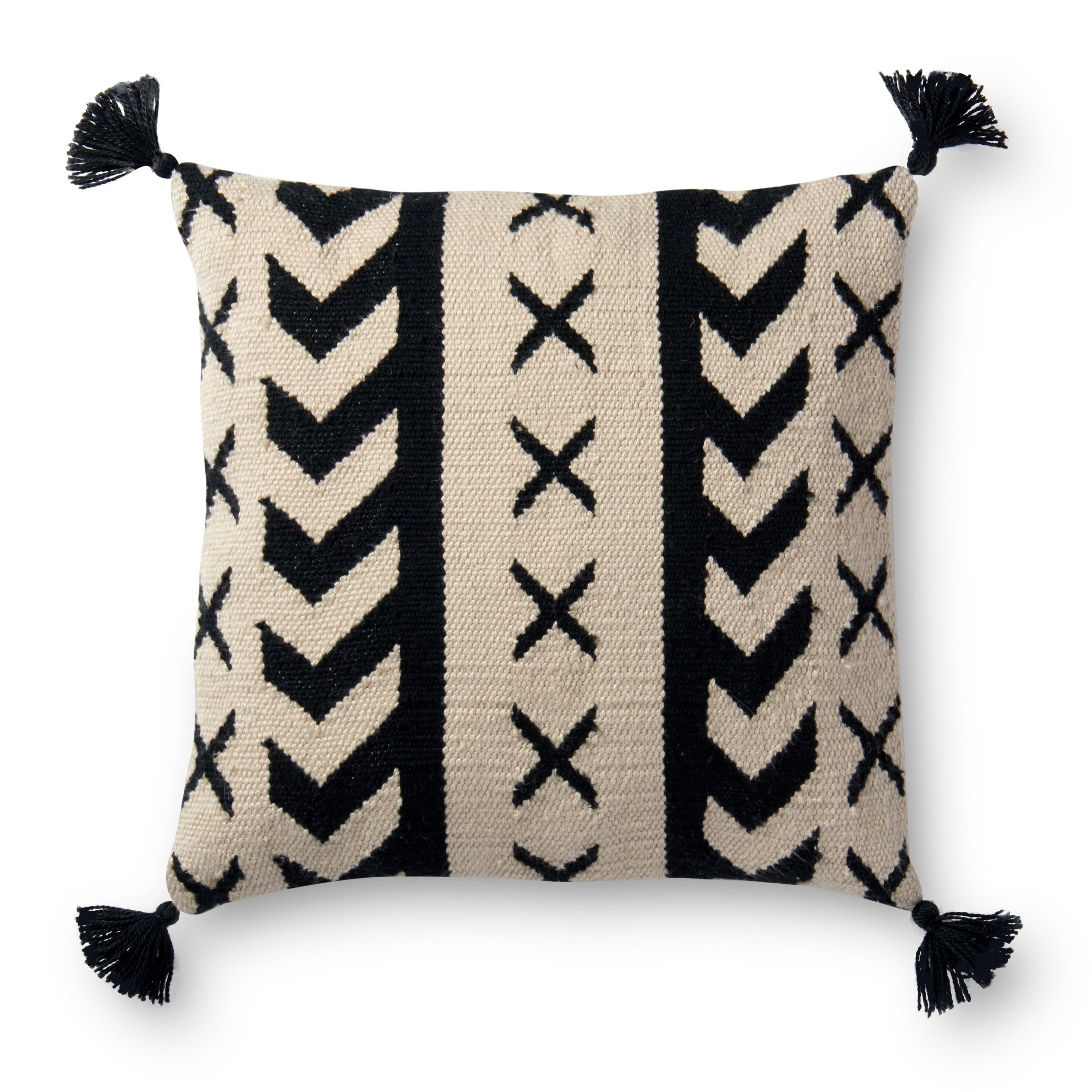 Southwest Black and Ivory Polyester Euro Pillow Cover with Tassels