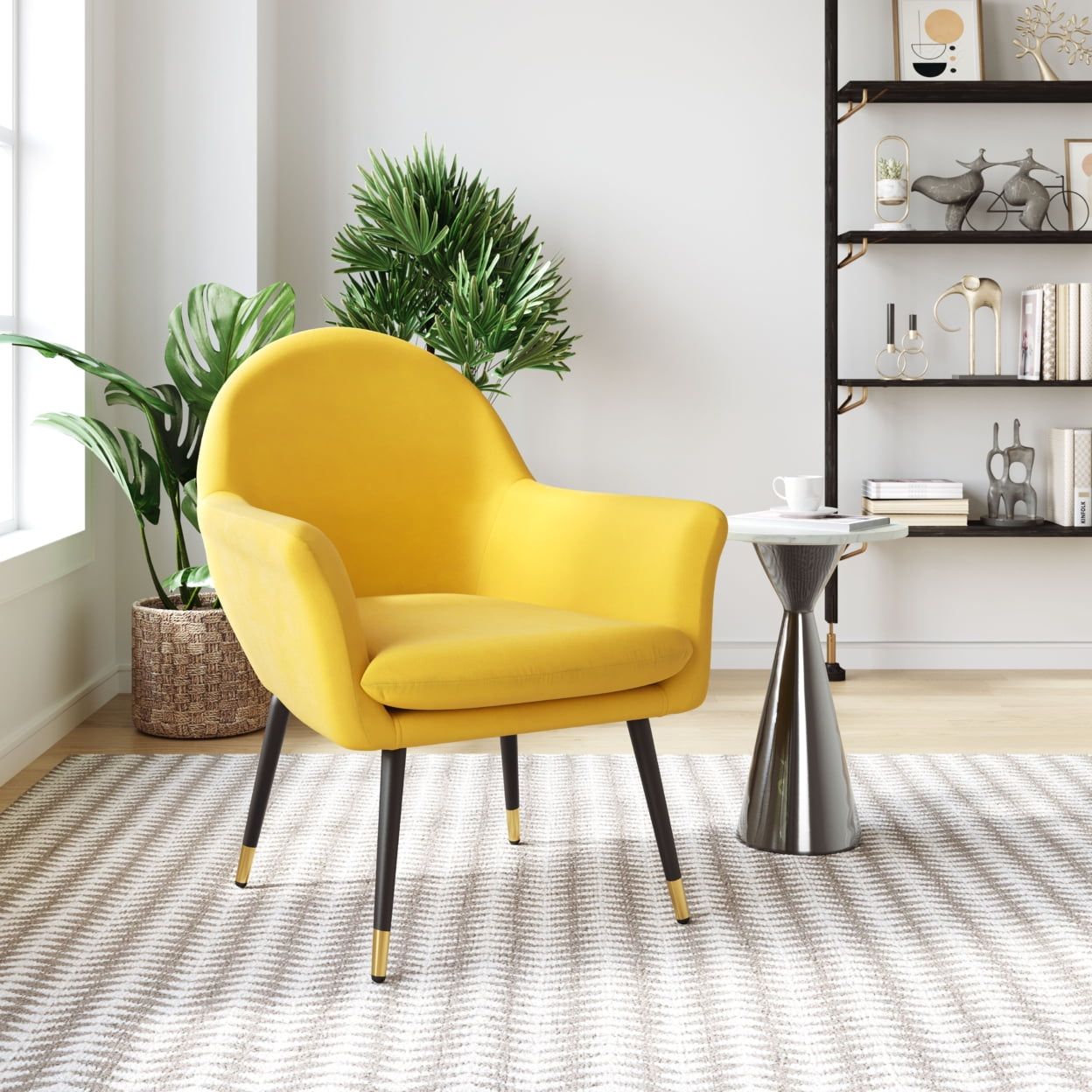 29.9'' Modern Yellow Polyester Accent Arm Chair with Gold Capped Legs