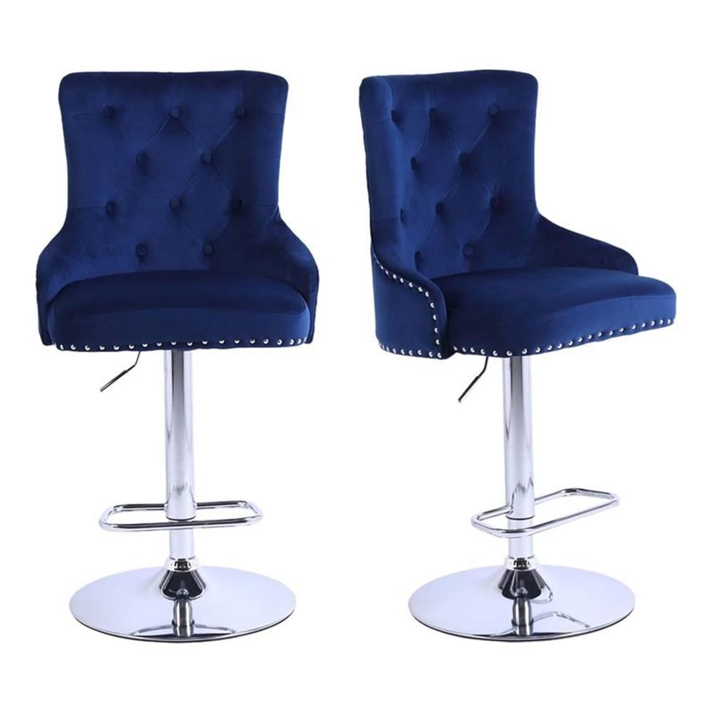 Navy Blue Velvet Adjustable Swivel Bar Stools with Chrome Base, Set of 2