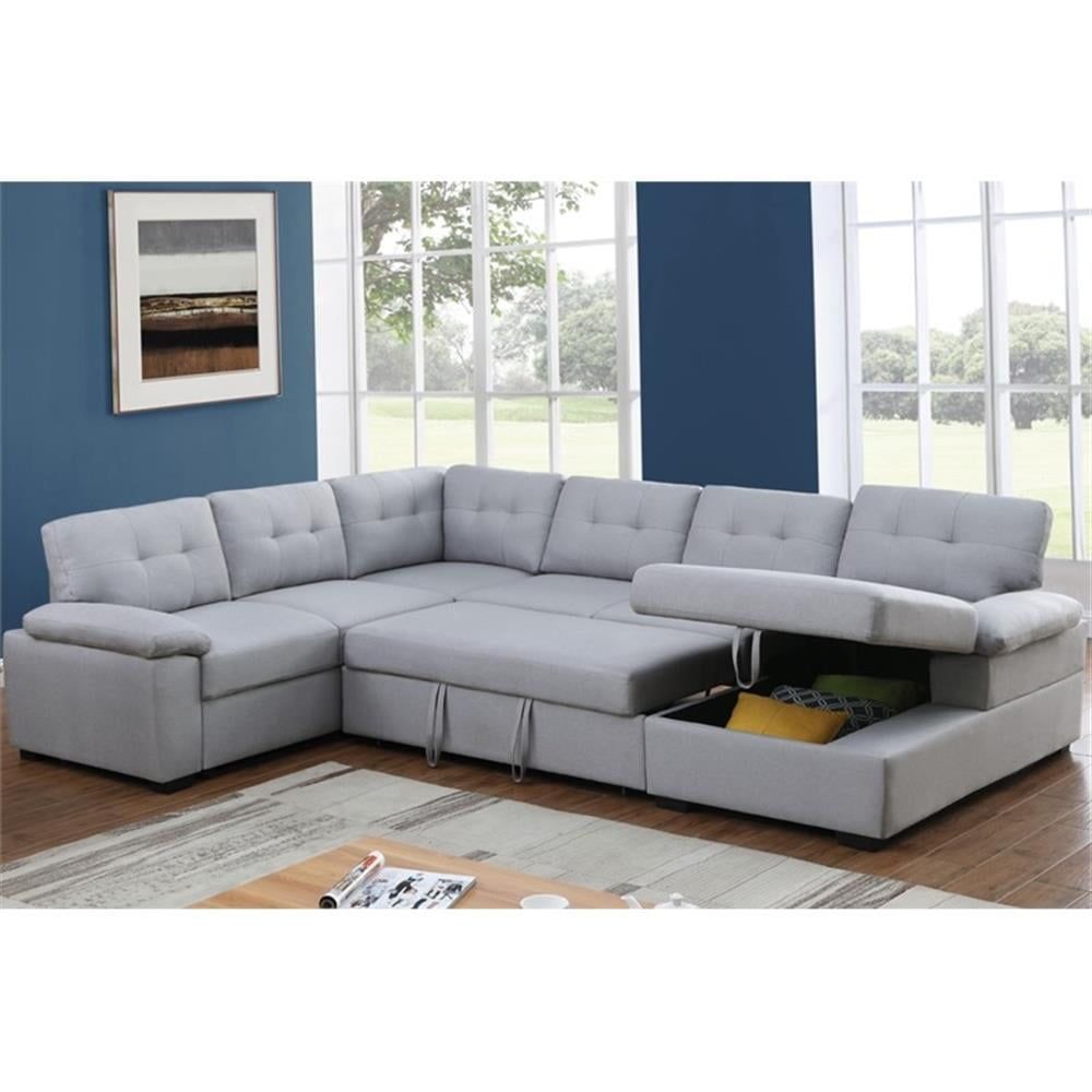 Gray Tufted Fabric Full Sectional Sleeper Sofa with Storage