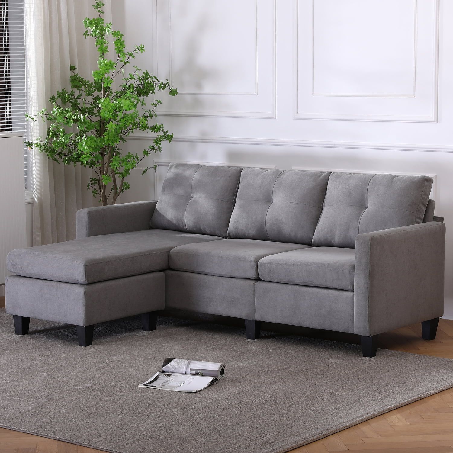 Alexent 75" Gray Linen Fabric Sectional Sofa with Ottoman