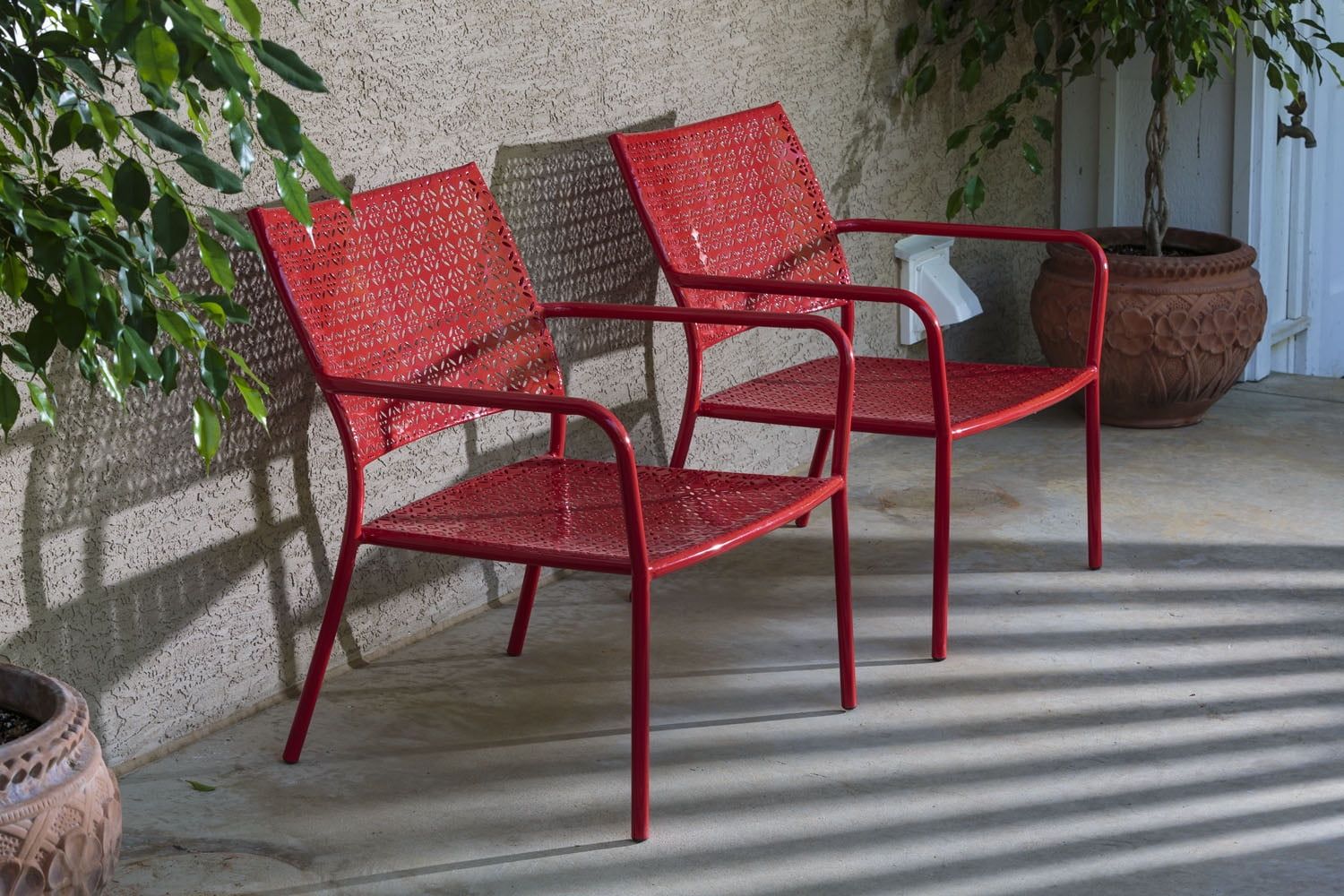 Cherry Red Wrought Iron Low Profile Patio Chairs, Set of 2