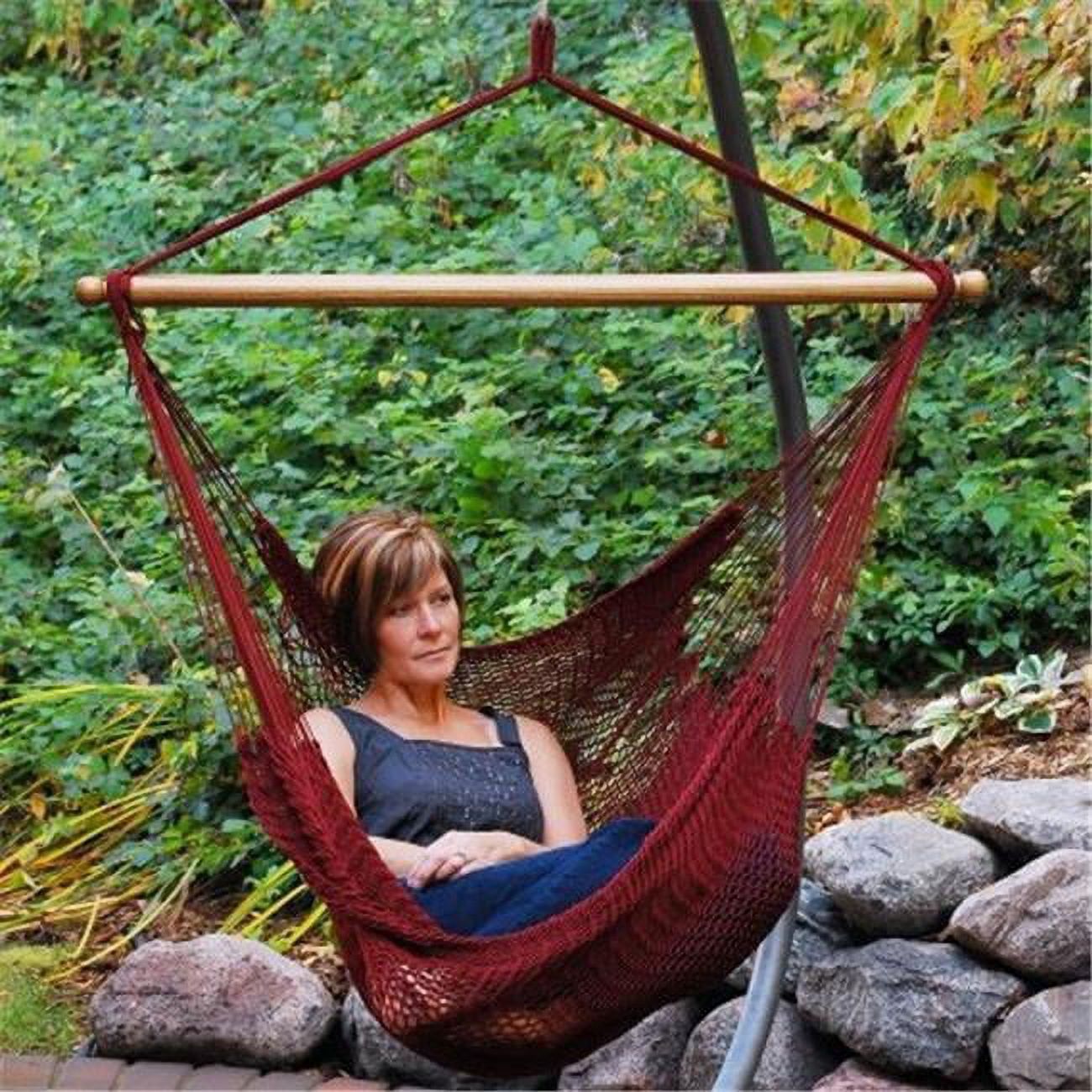 Burgundy Polyester Rope Hanging Hammock Chair with Hardwood Spreader Bar