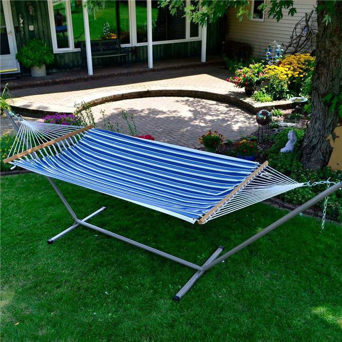 Blue and White Polyester Hammock with Steel Stand