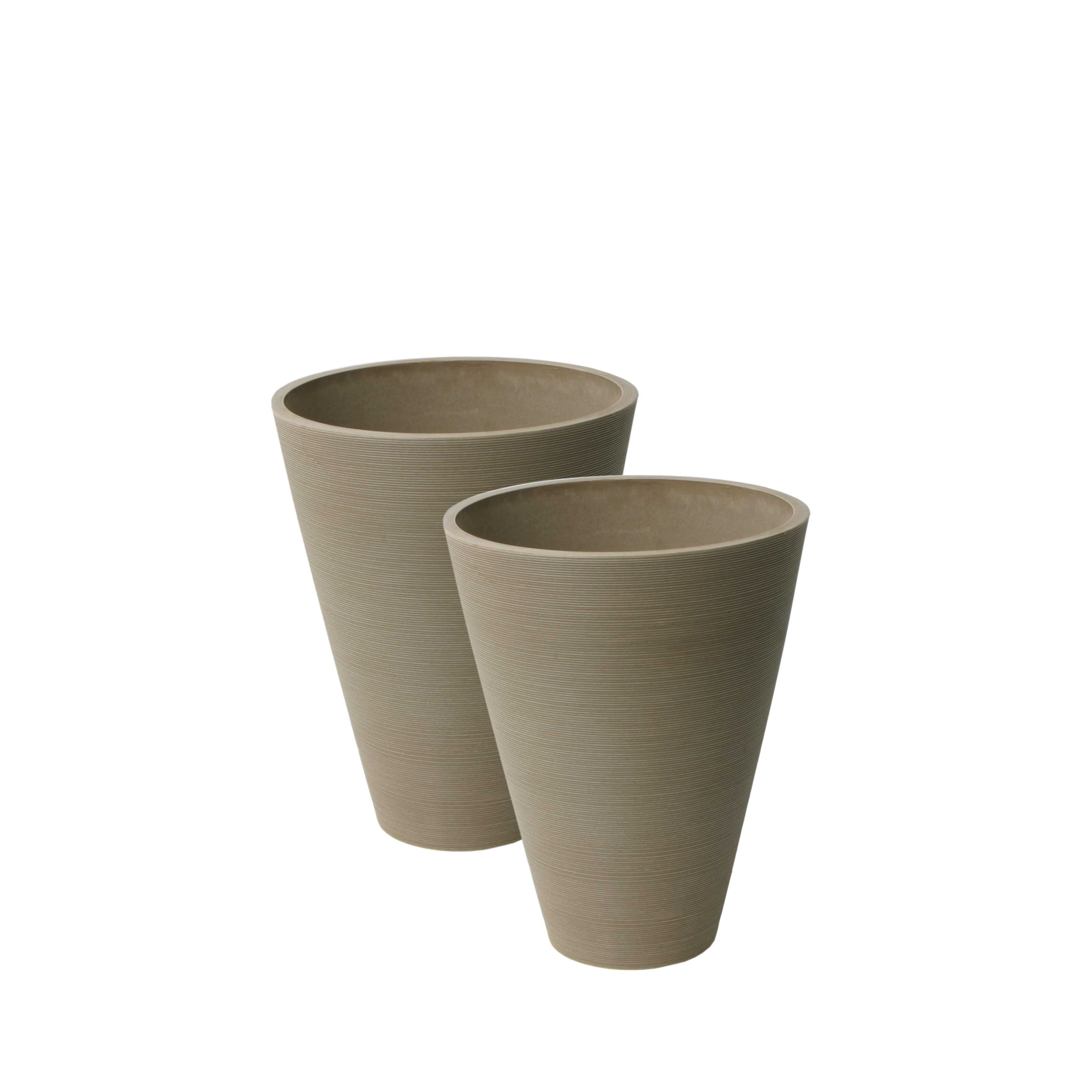 Taupe Composite Resin Round Taper Ribbed Planters, 14-Inch, Set of 2