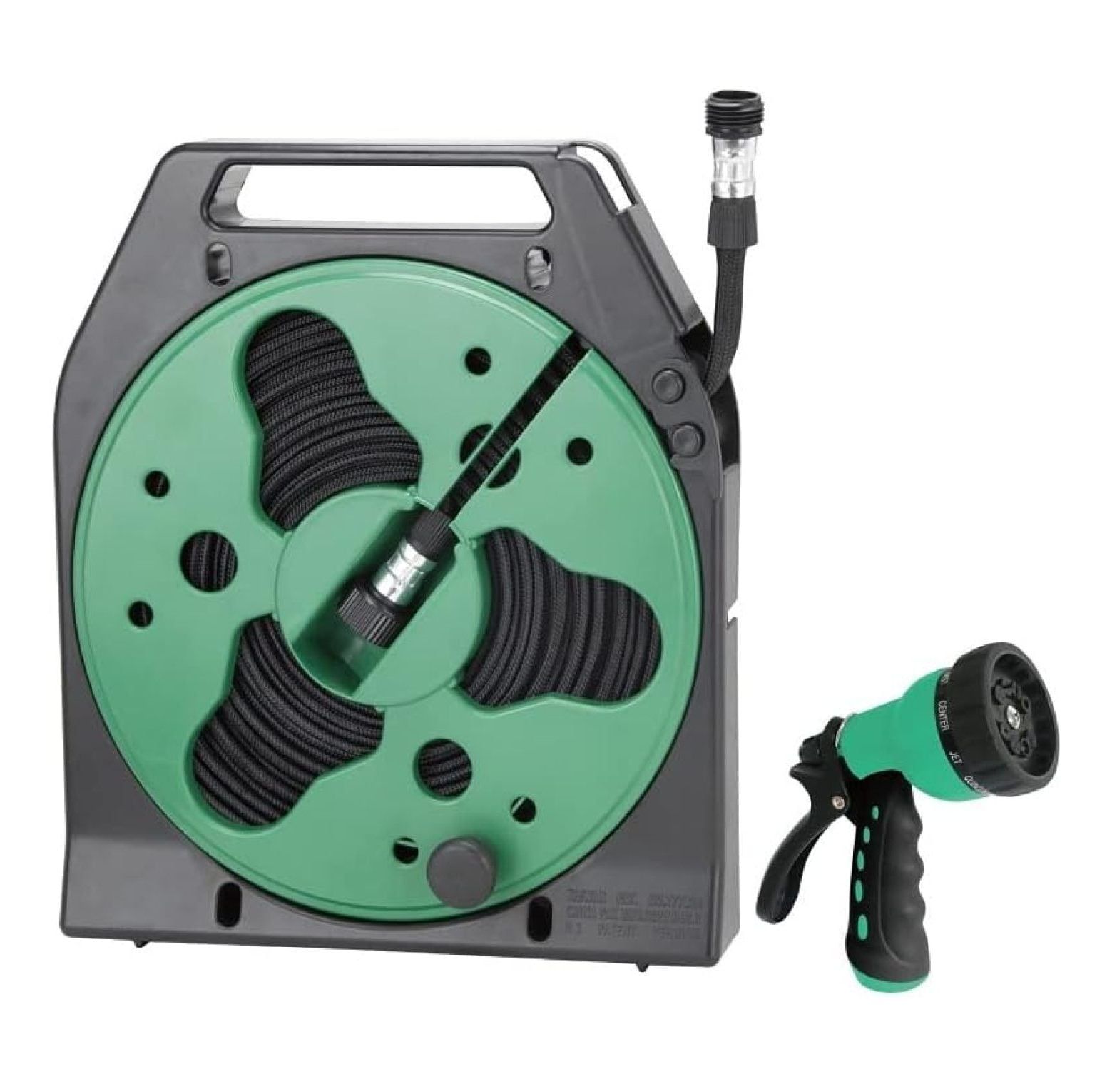 Green and Black Plastic Wall-Mounted Hose Reel with Nozzle, 50 ft