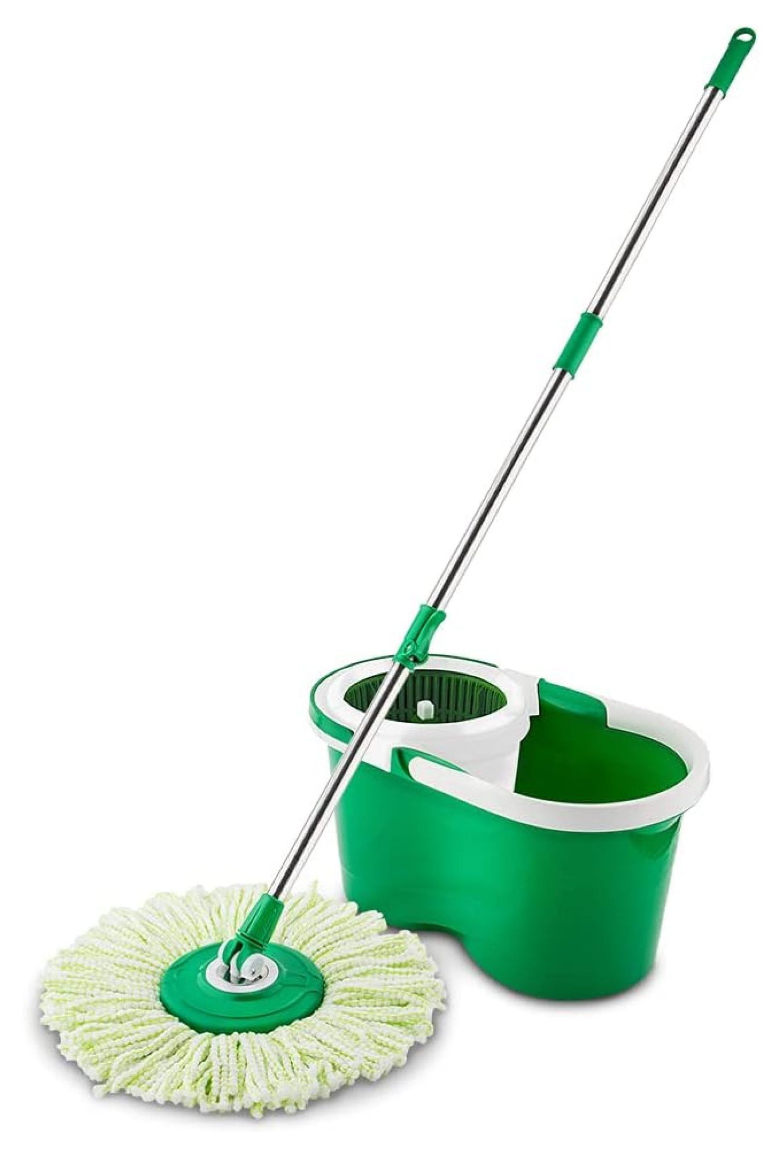 Green and White Microfiber Spin Mop and Bucket Set