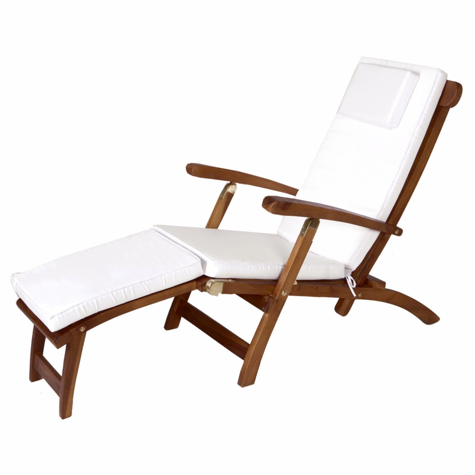 White Cushioned Teak Steamer Chaise Lounge with Adjustable Positions