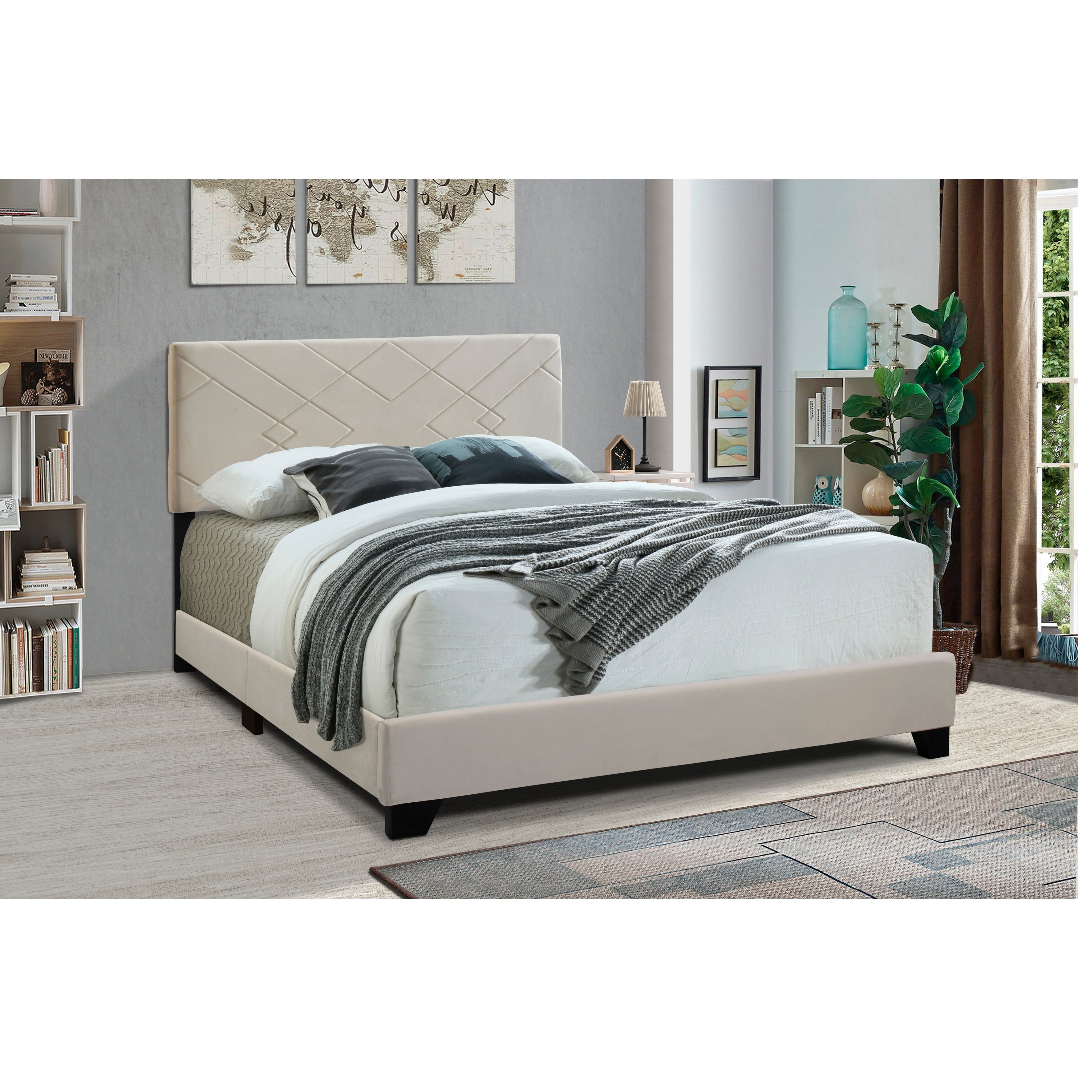 King White Velvet Upholstered Bed with Headboard