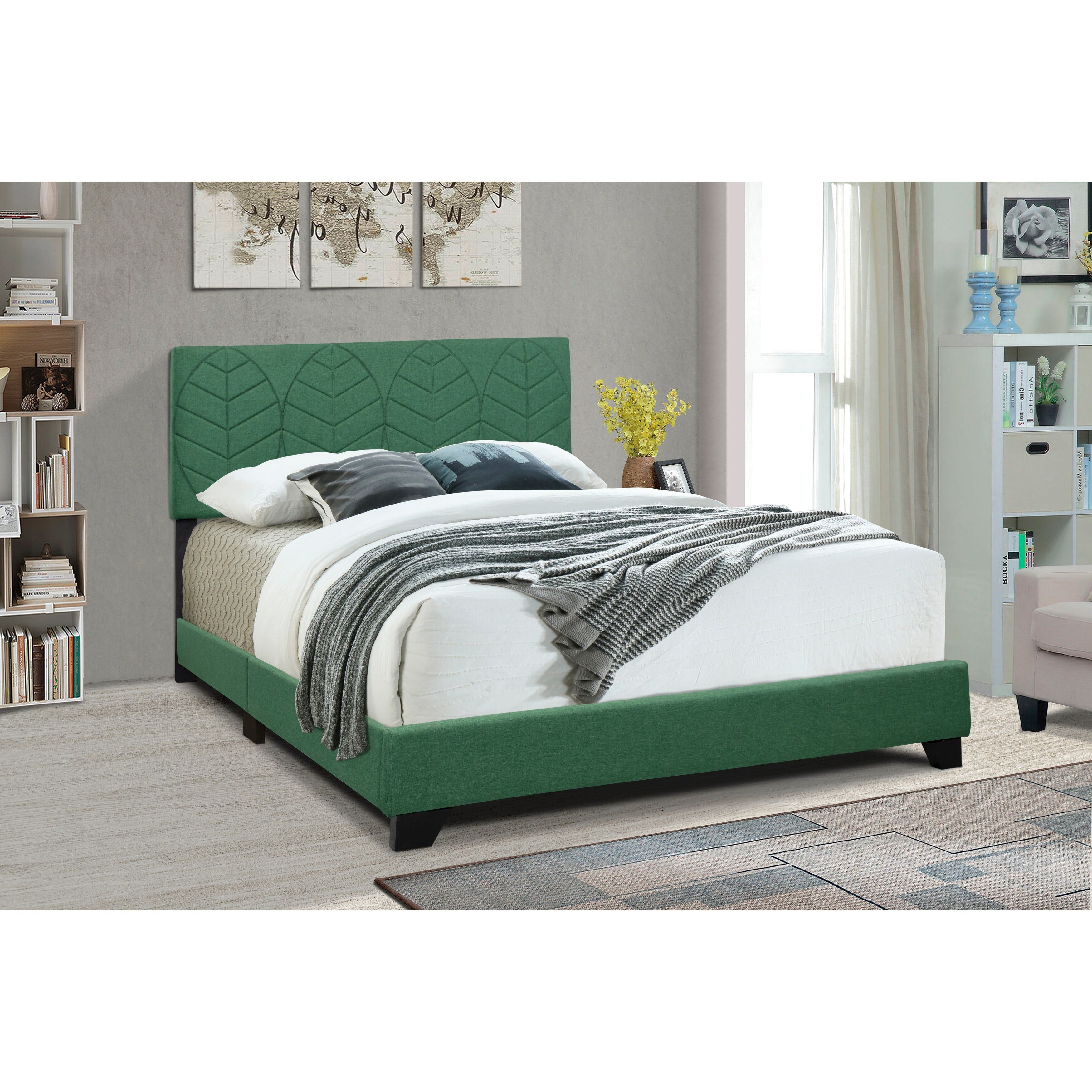 Kelly Green Upholstered Queen Bed with Leaf Pattern Headboard