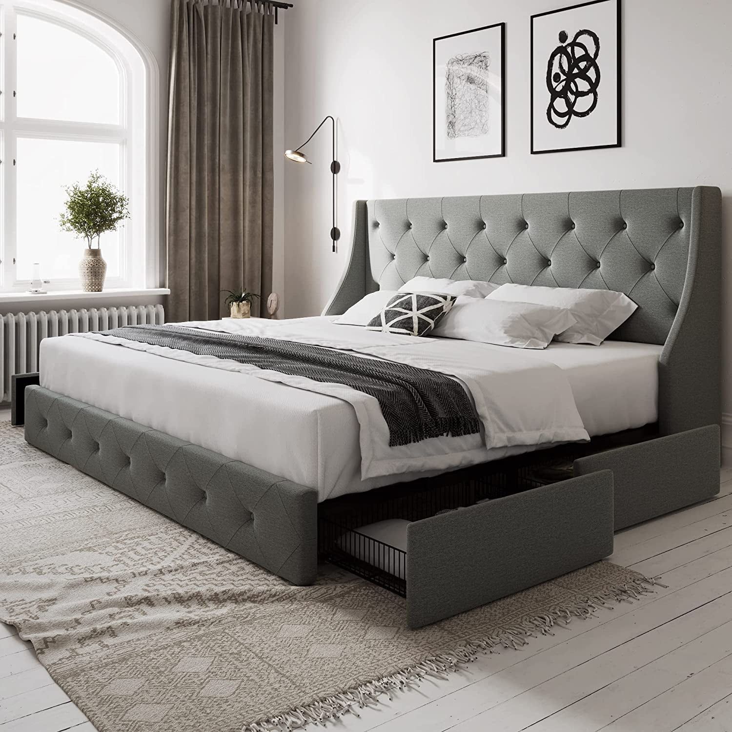 King Light Grey Upholstered Bed Frame with Storage Drawers