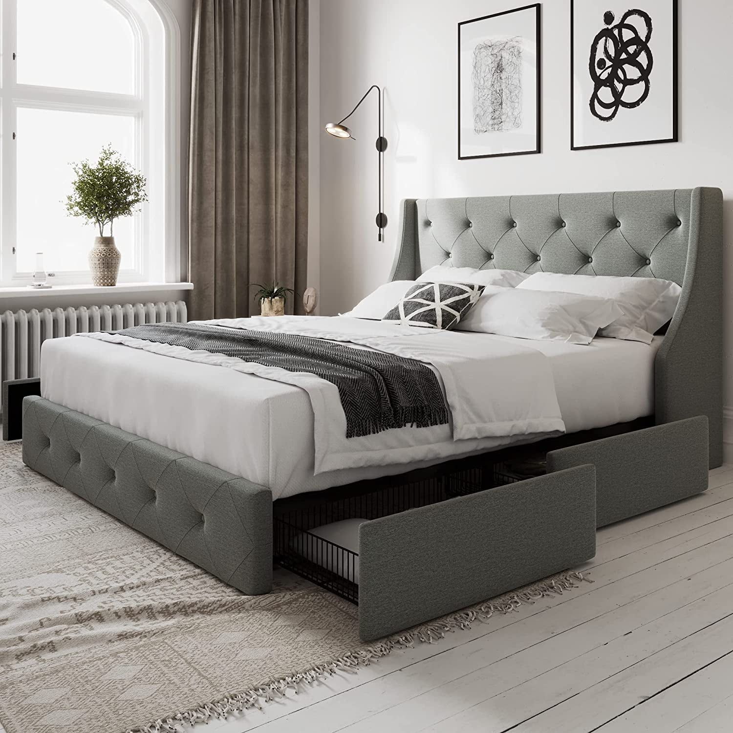 Light Grey Queen Upholstered Platform Bed with Storage Drawers