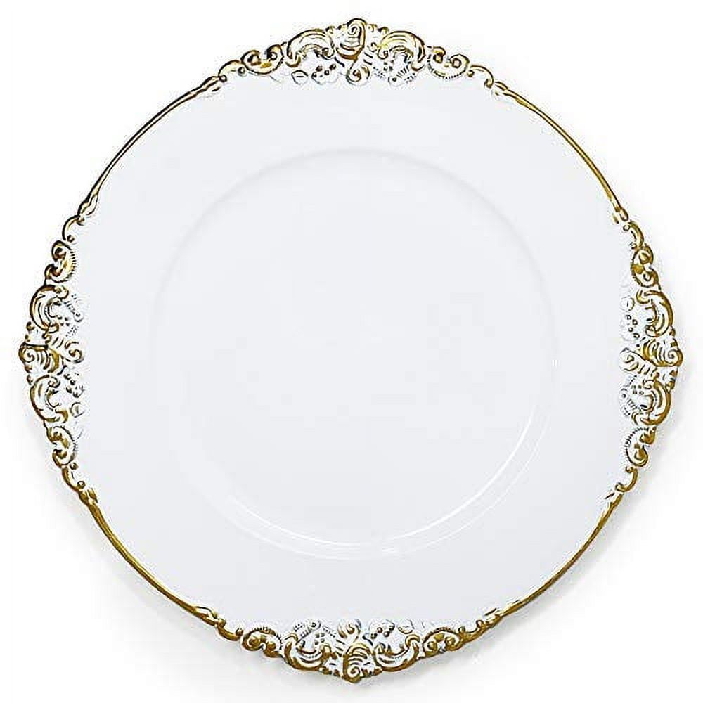 13-Inch White and Gold Floral Plastic Charger Plates, Set of 6