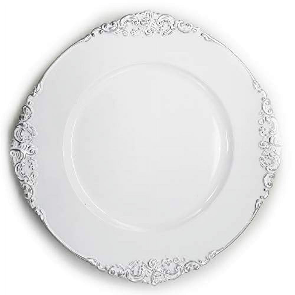 White and Silver Floral Trim 13-Inch Round Charger Plates, Set of 6