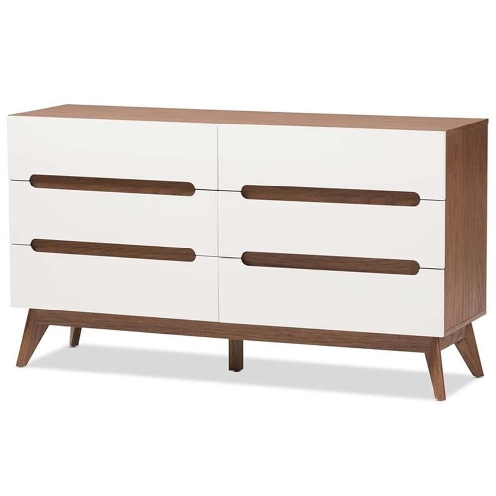 Mid-Century White and Walnut 6-Drawer Double Dresser