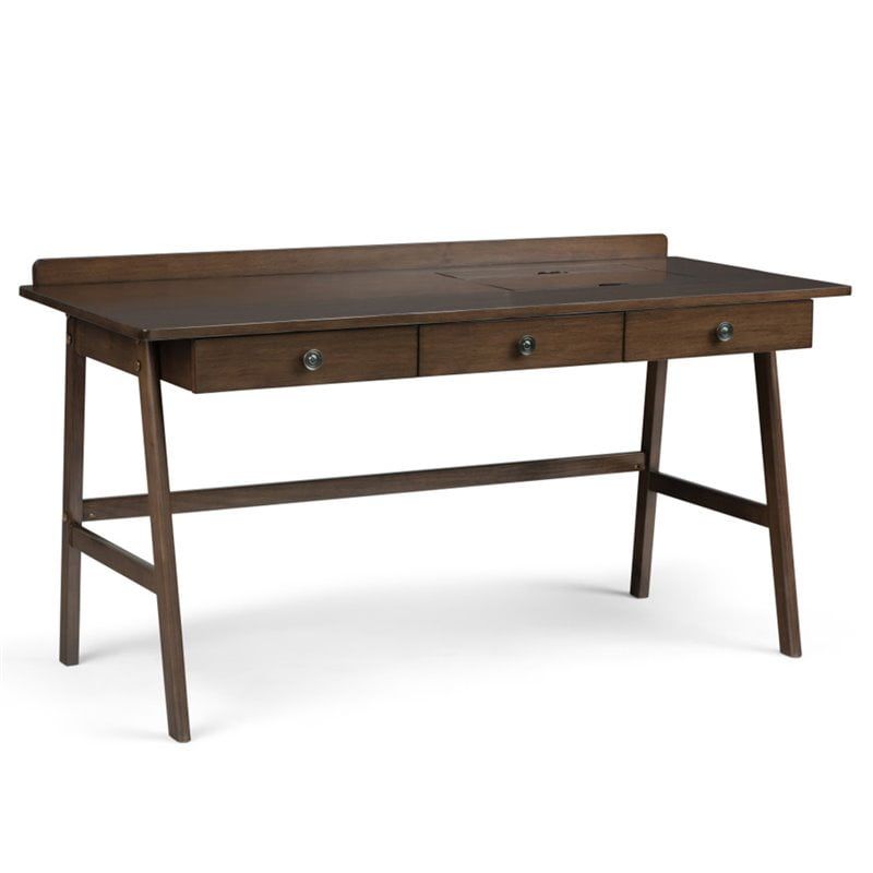 Natural Aged Brown Wood Desk with Drawers and USB Ports