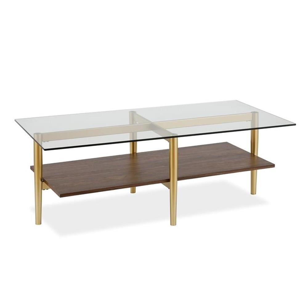 Mae Gold Metal and Walnut Glass Top Coffee Table with Shelf