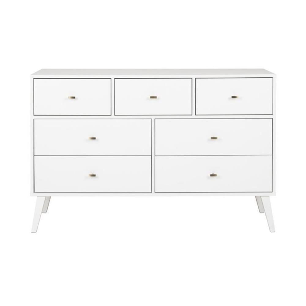 Sleek White Mid-Century Modern 7-Drawer Dresser with Brass Knobs