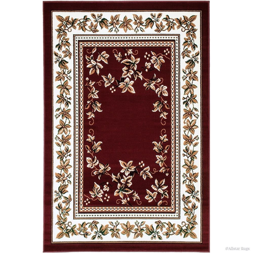 Burgundy Floral Rectangular Stain-Resistant Synthetic Area Rug