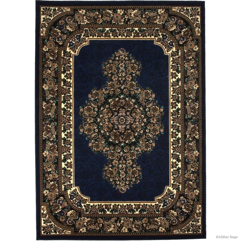 Navy and Beige Floral Cotton Synthetic Area Rug