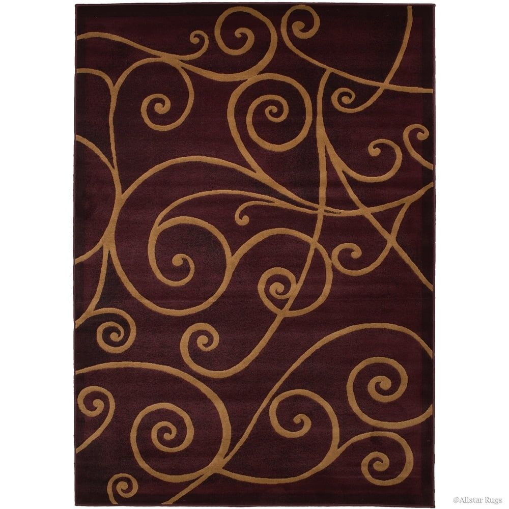 Burgundy and Gold Synthetic Non-slip Area Rug 5' x 7'