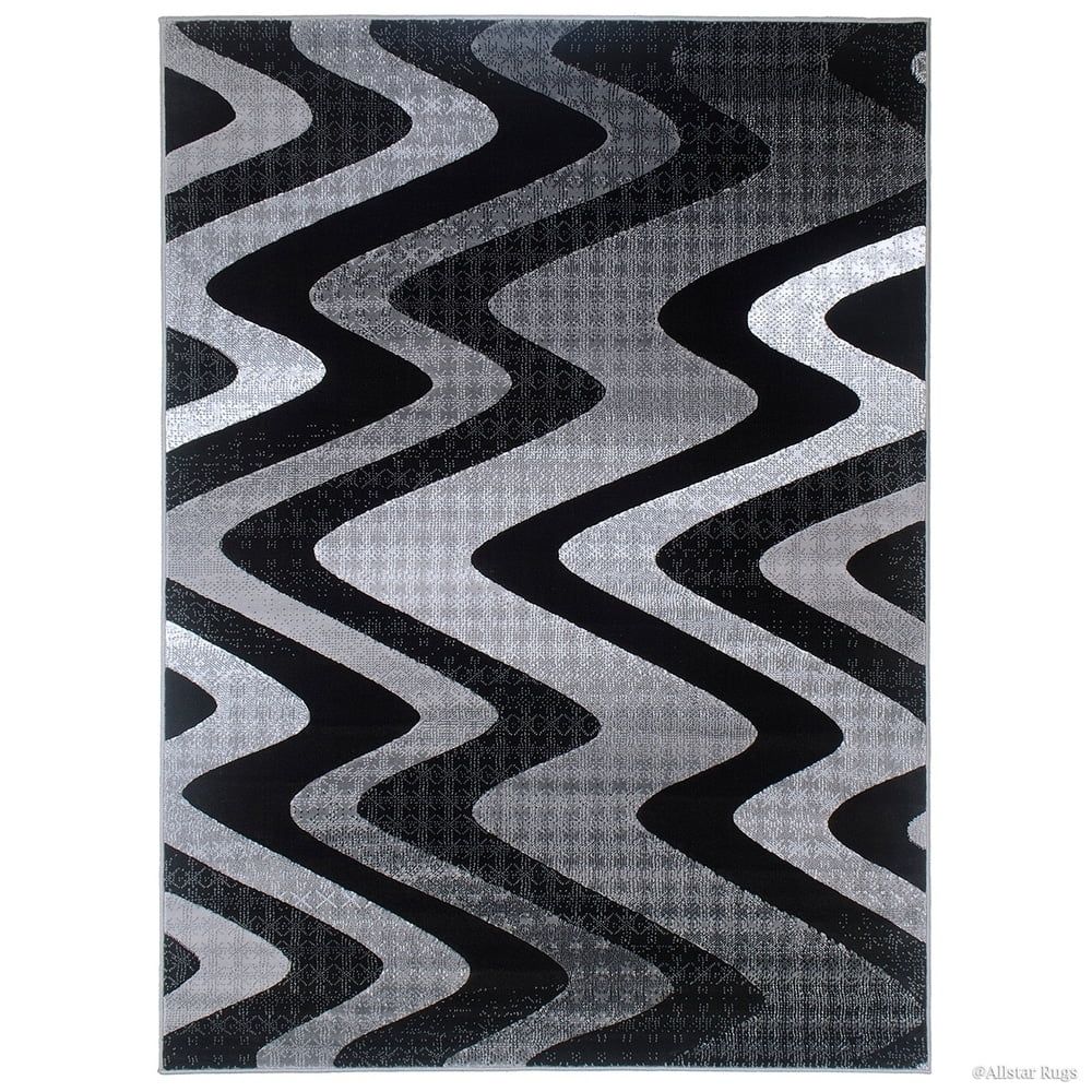 Gray and Black Wavy Abstract Synthetic Rug 5' x 7'