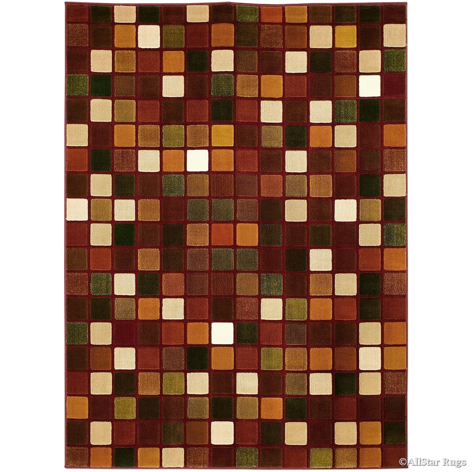 Maroon and Green Synthetic Square Block Design Rug