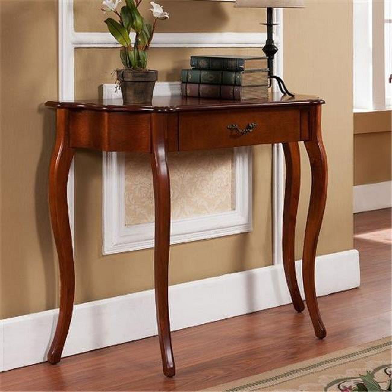 Cherry Finish Wood Demilune Console Table with Drawer