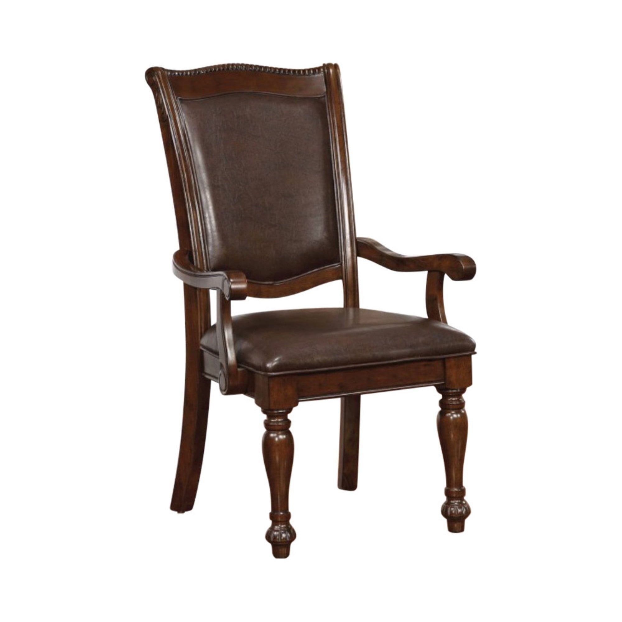 Brown Faux Leather Upholstered Wood Arm Chair