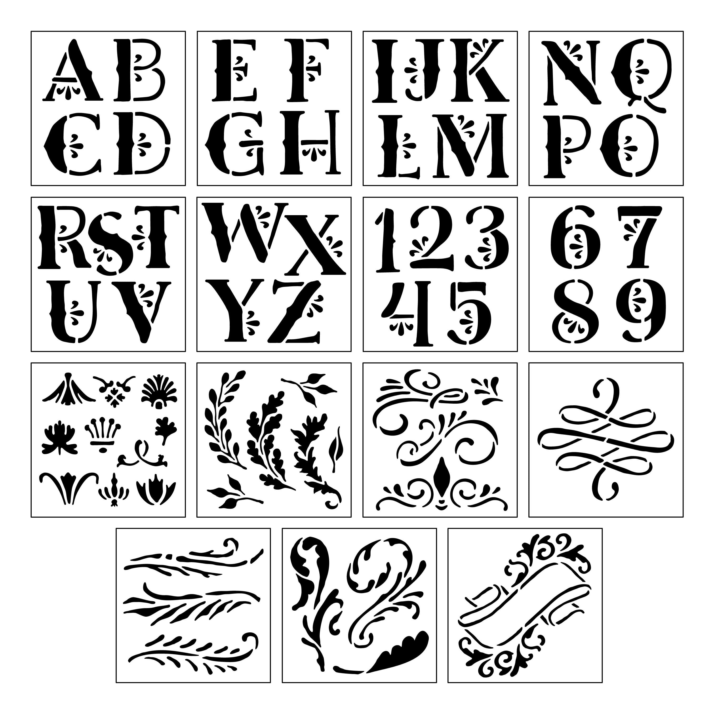 Black and White Decorative Alphabet Stencil Set, 12" x 12"