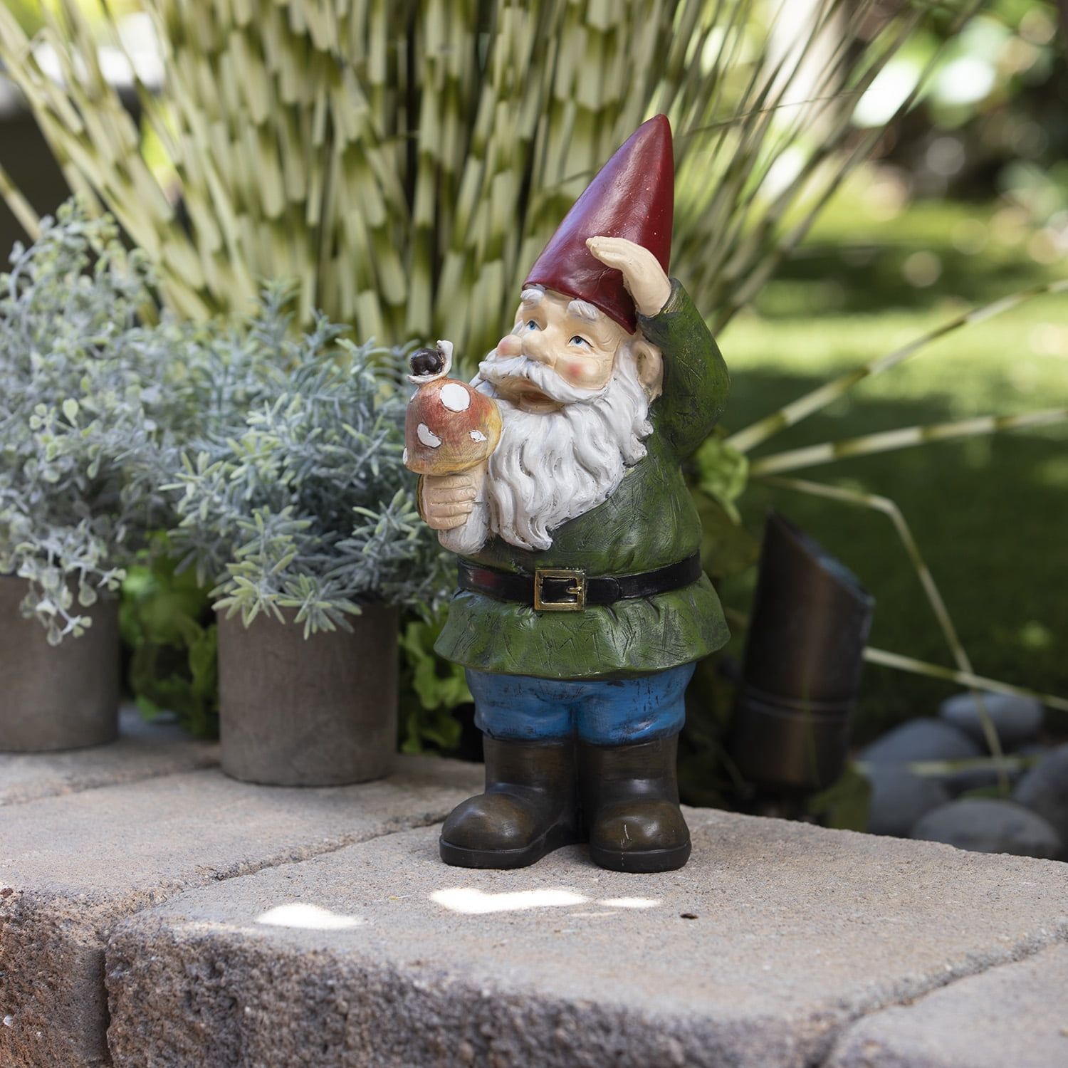 Whimsical 12" Multicolor Gnome Holding Mushroom Lawn Decoration