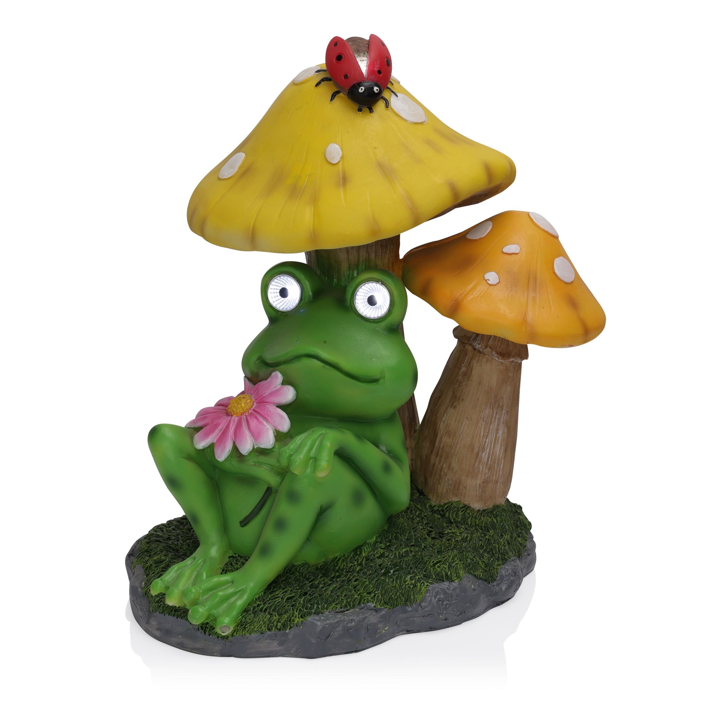 Whimsical Frog Mushroom Solar Garden Statue, 12" Polyresin