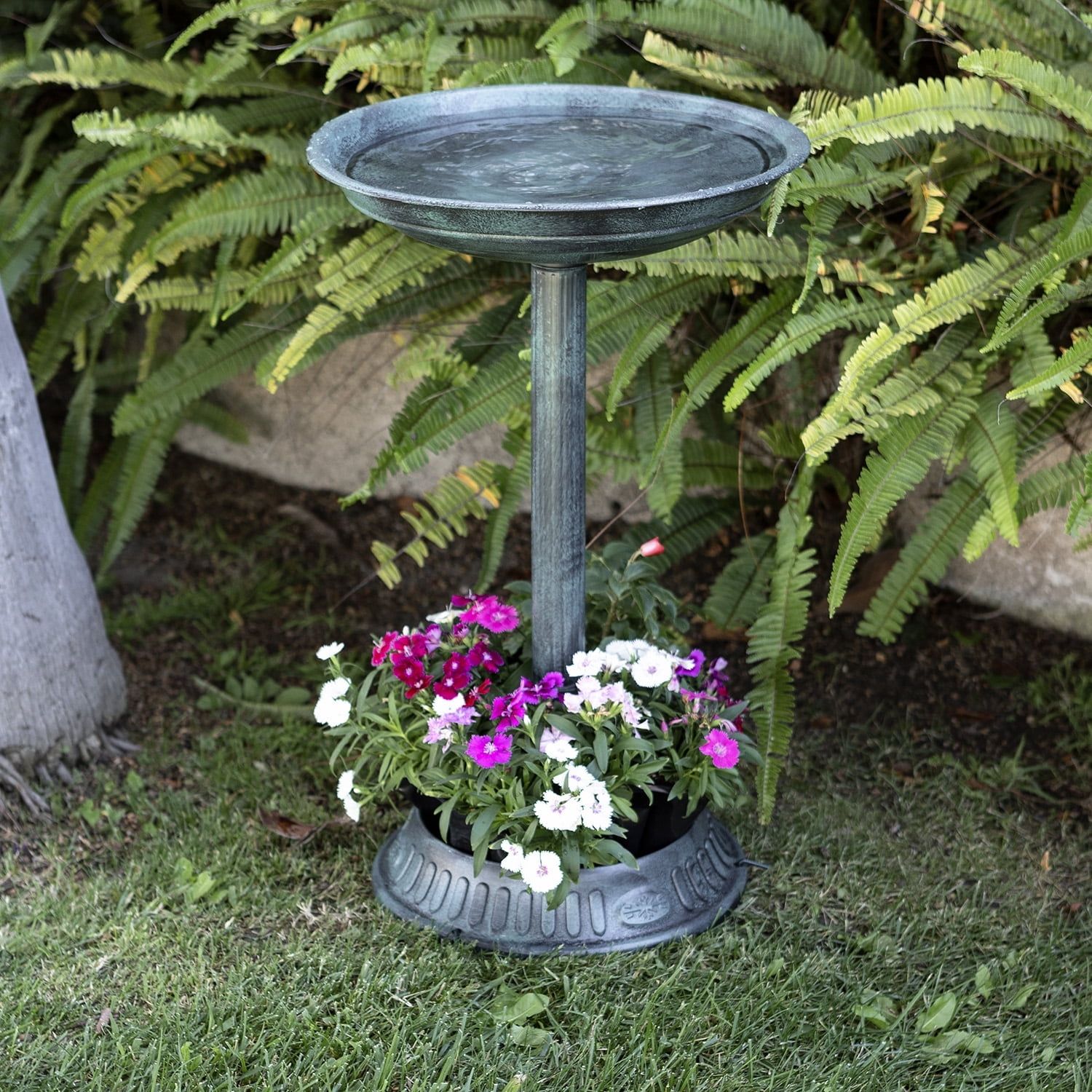 Green Plastic Bird Bath with Planter Stand