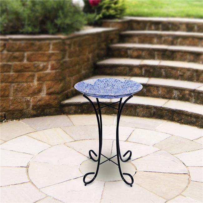 Blue Mosaic Glass Birdbath with Metal Stand, 24" Tall