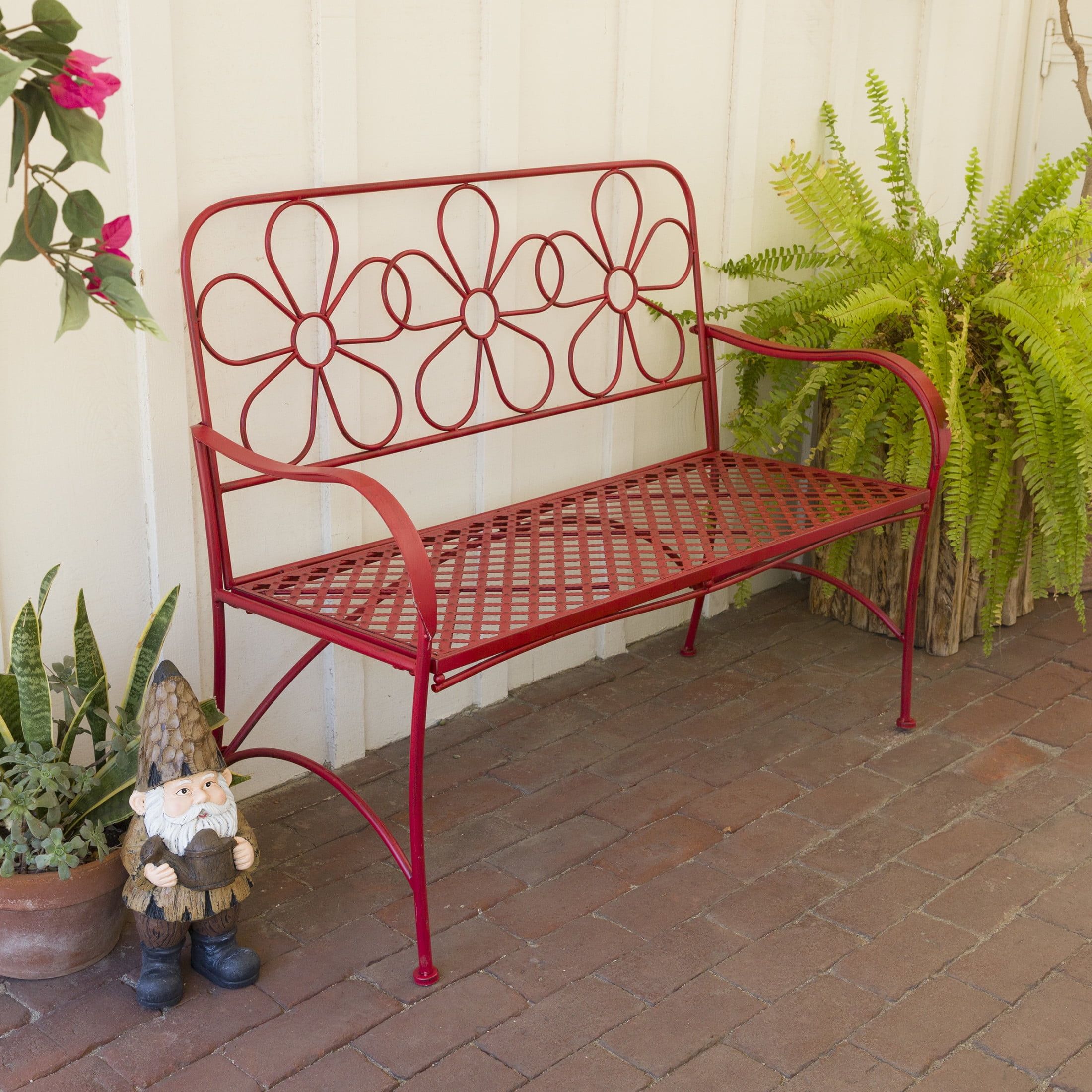 Red 45" Powder-Coated Iron Daisy Garden Bench