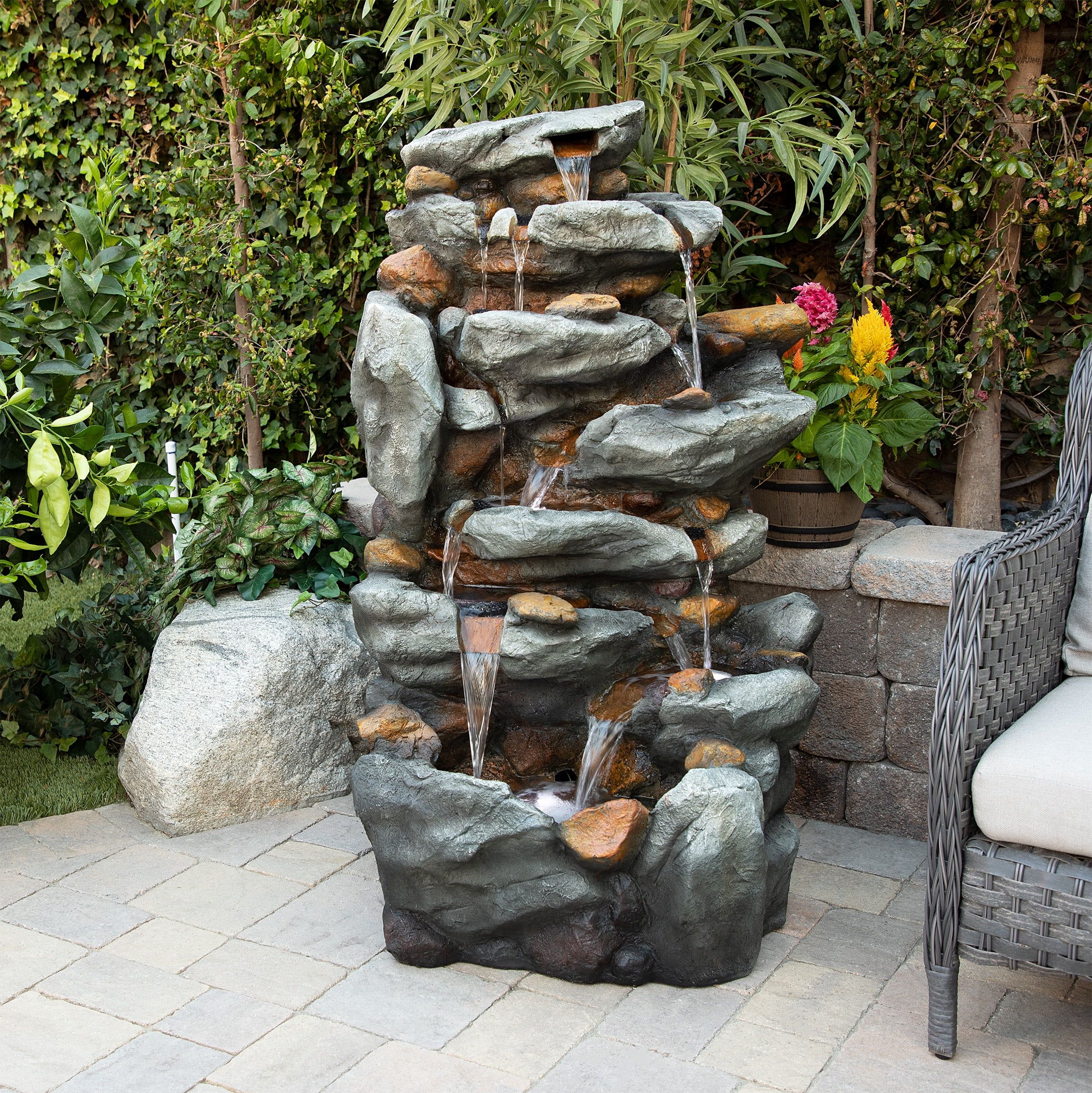 50-Inch Gray 8-Tier Rock Waterfall Fountain with LED Lights