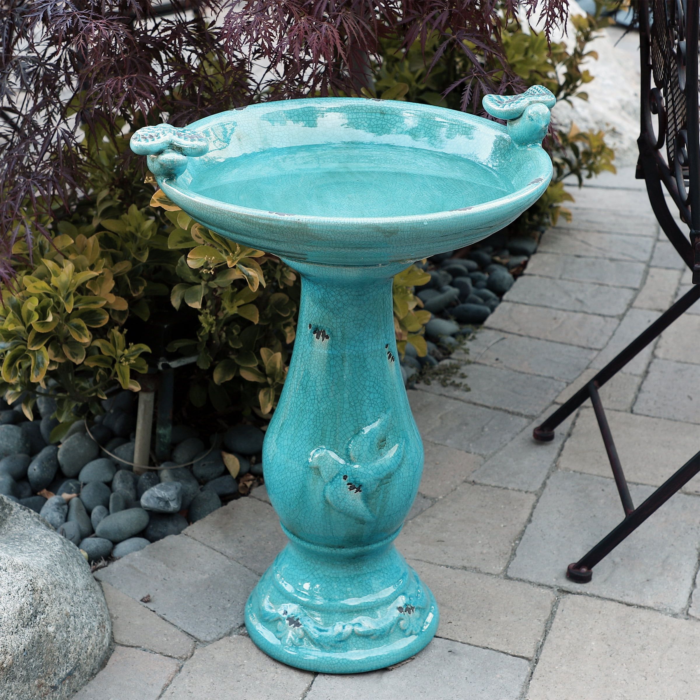 Turquoise Ceramic Pedestal Bird Bath with Bird Figurines