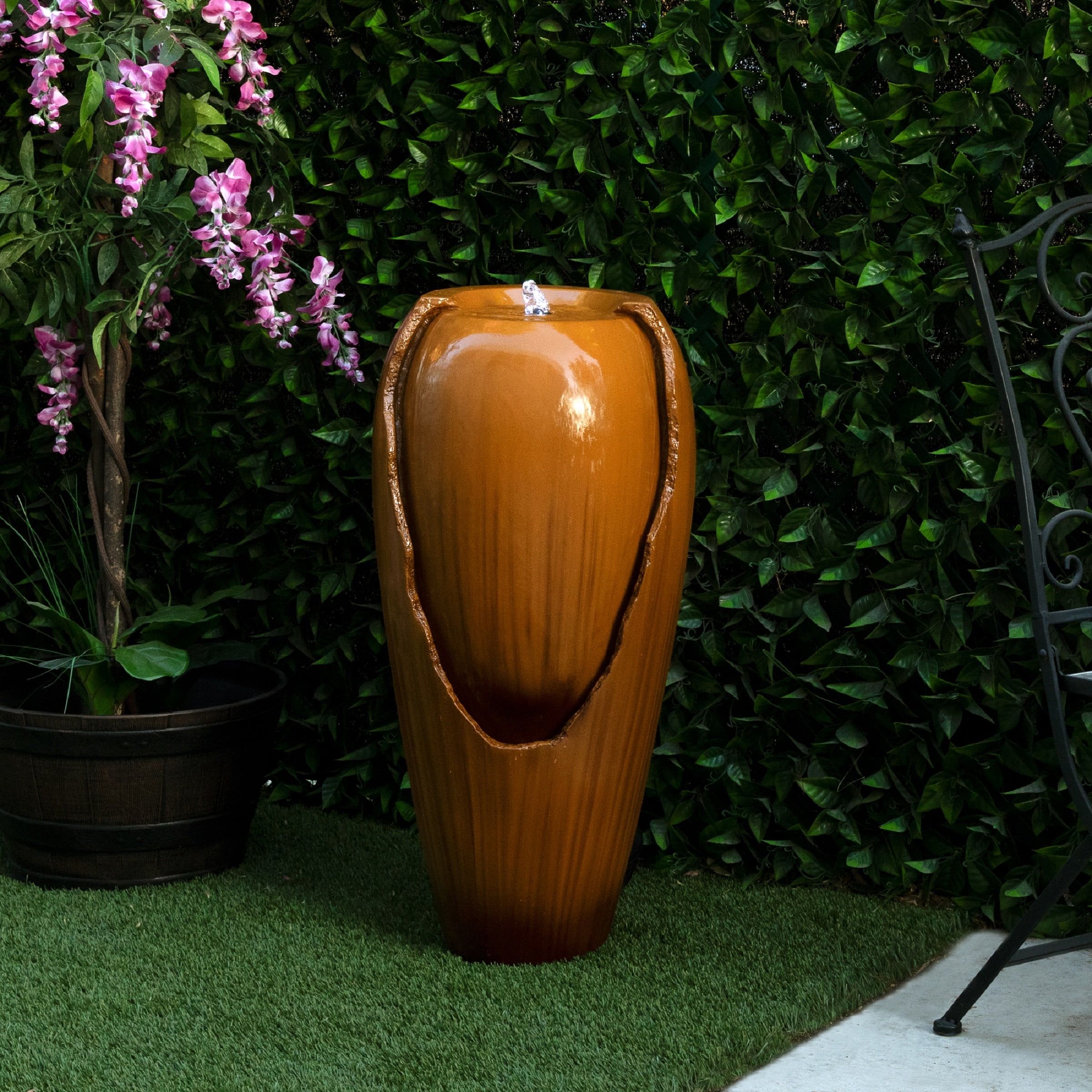 Brown 33" Solar Powered Fiberglass Jar Fountain with LED Light