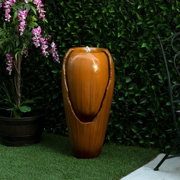 Brown 33" Solar Powered Fiberglass Jar Fountain with LED Light