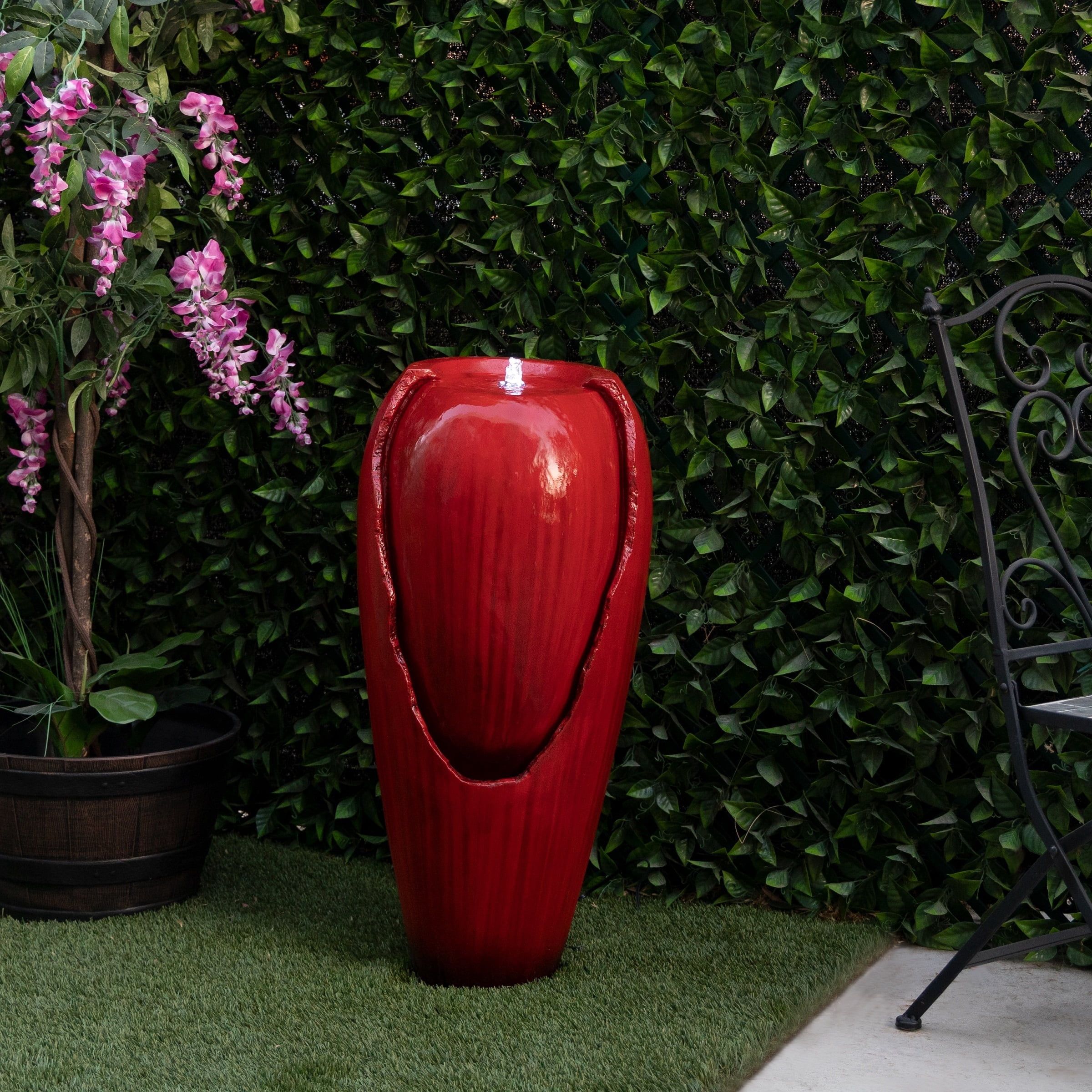 Red 32" Fiberglass Jar Water Fountain with LED Light