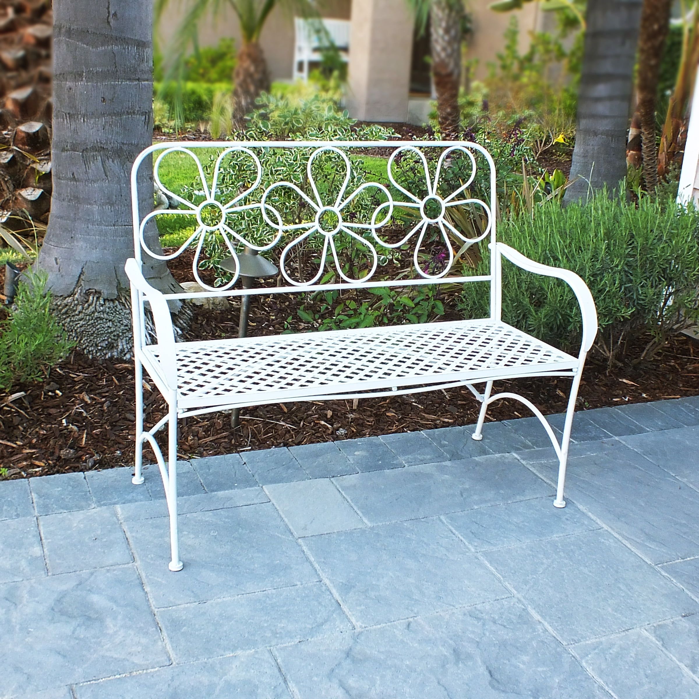 White Metal Garden Bench with Daisy Design