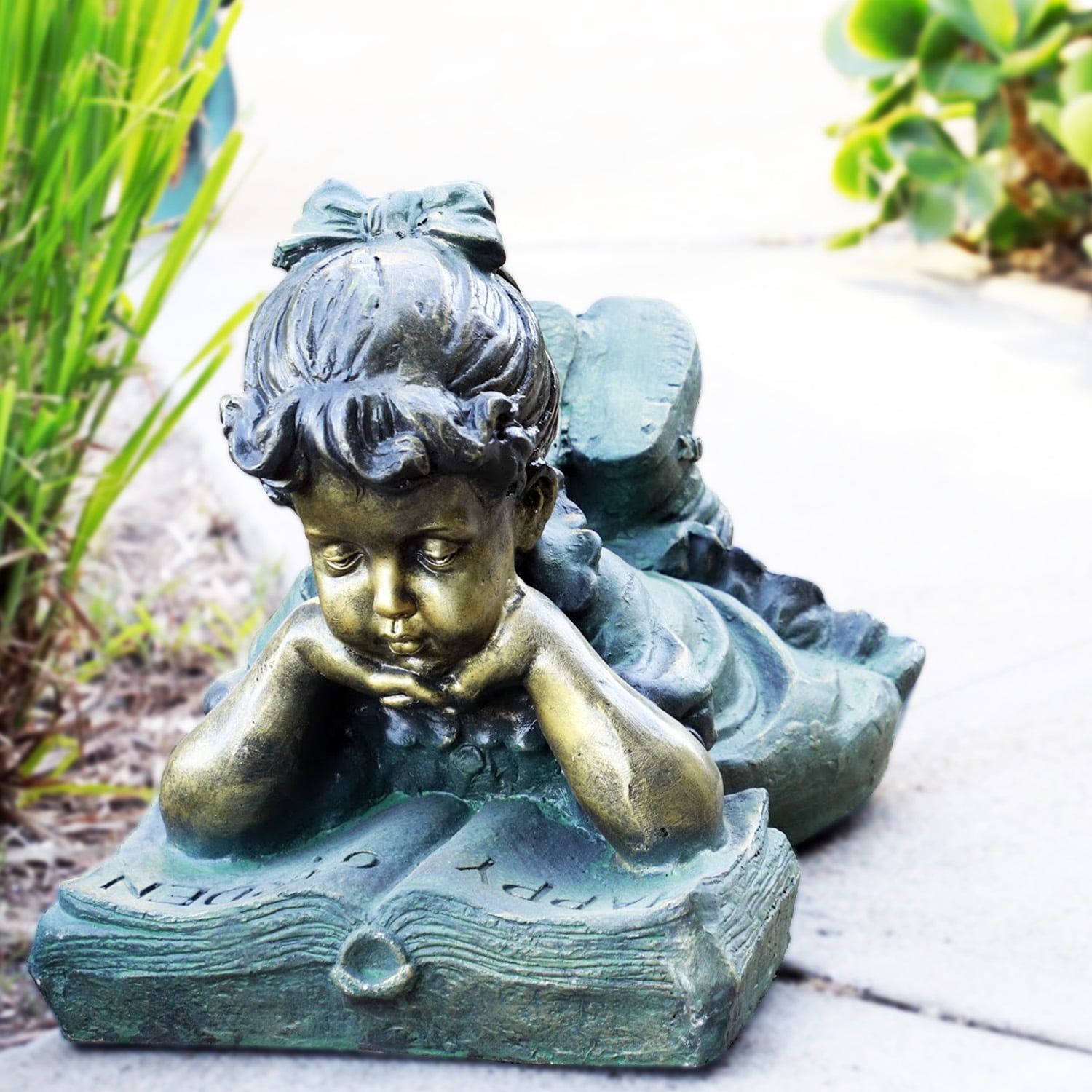 Antique Bronze Girl Reading Book Lawn Statue