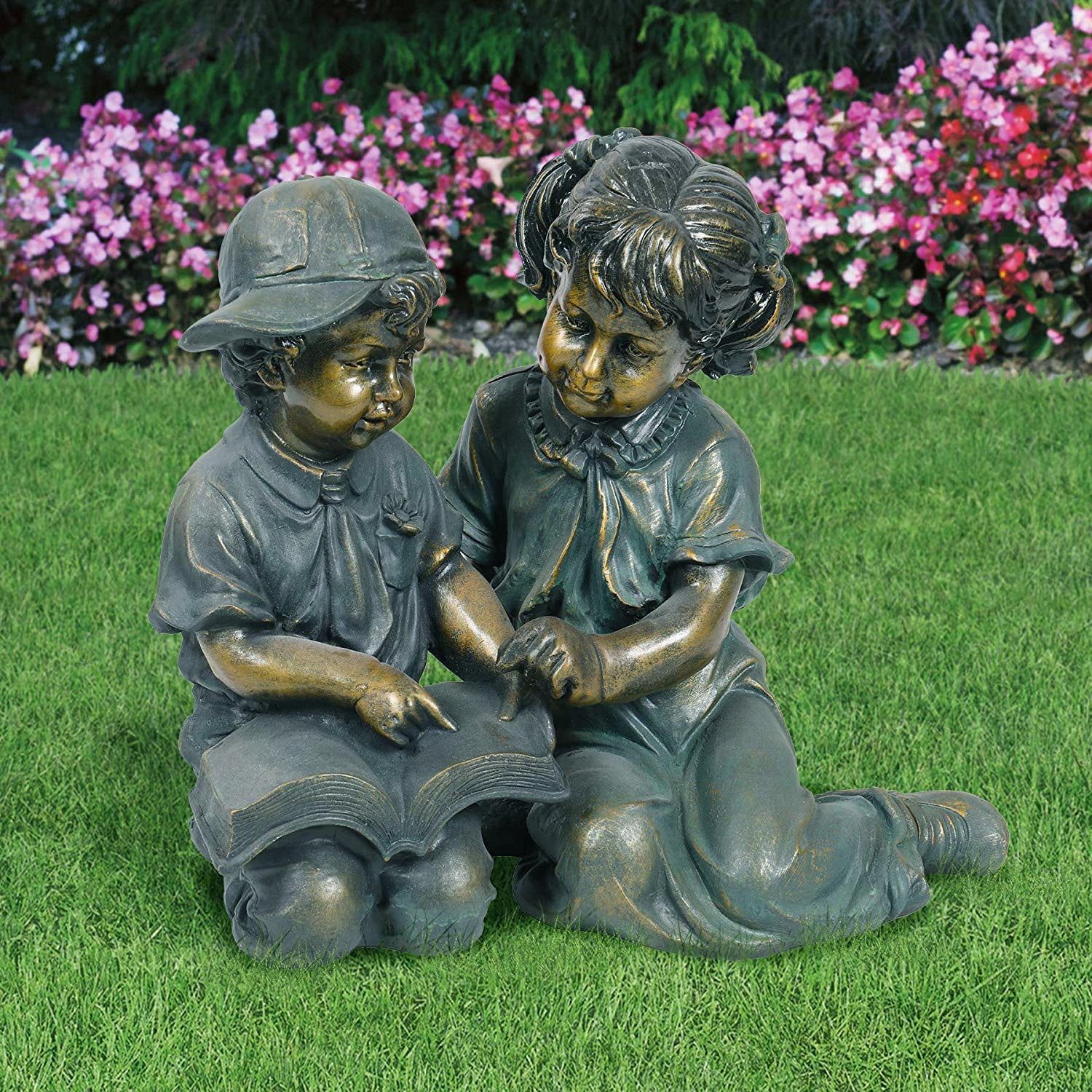 Antique Bronze Boy and Girl Reading Garden Statue Set