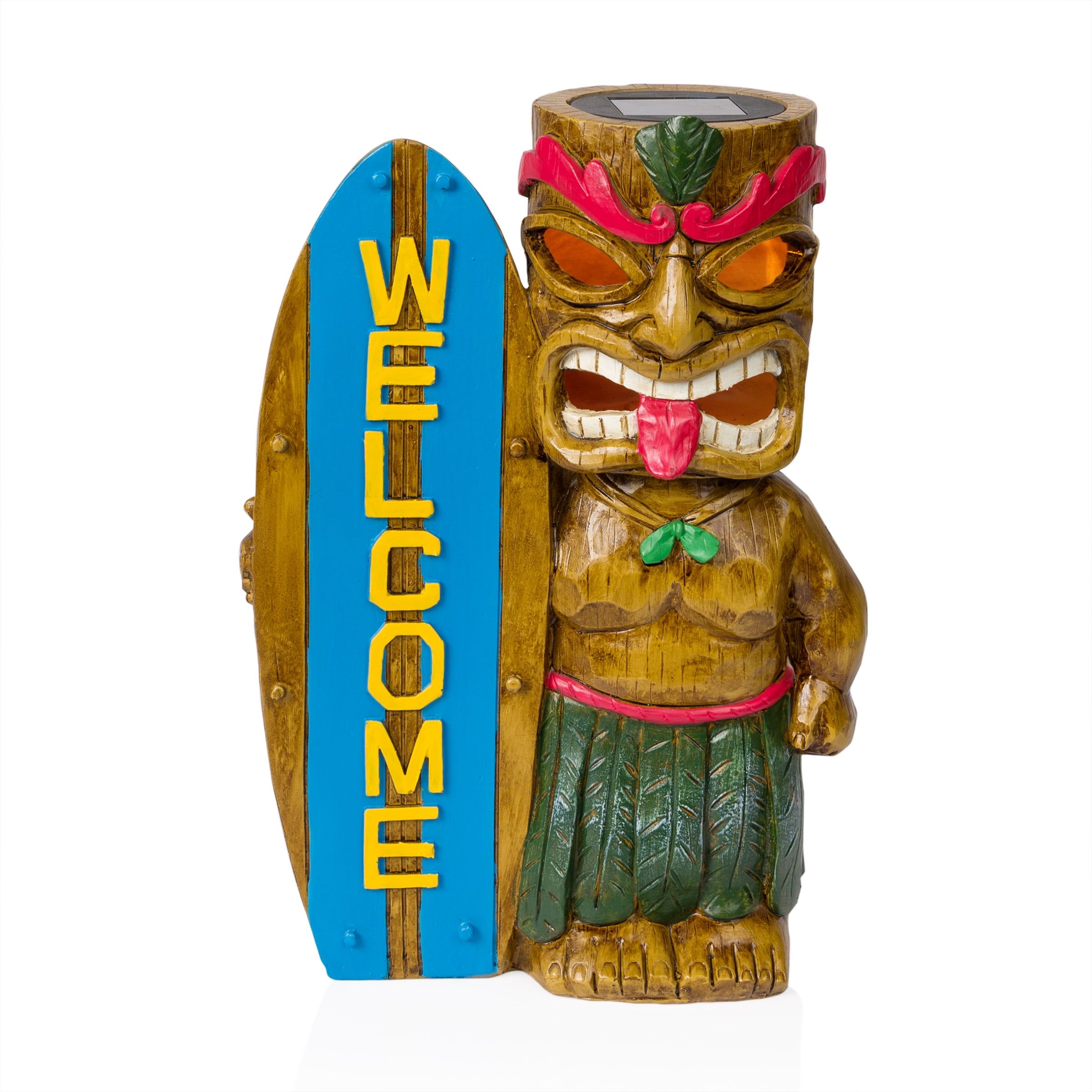 Solar Tiki Statue with Welcome Surfboard and LED Lights