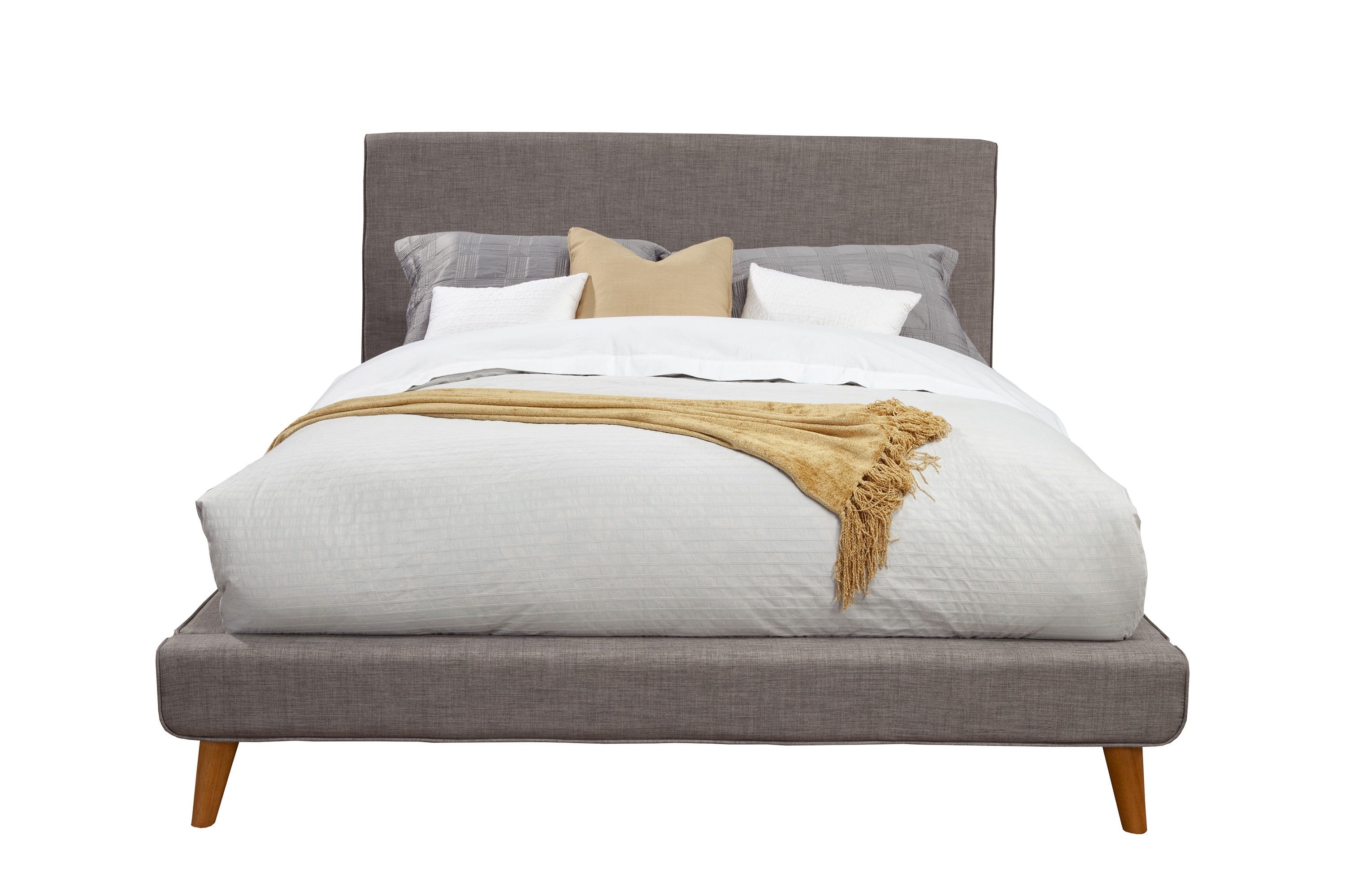 Mid-Century Modern Dark Gray Linen & Pine California King Platform Bed