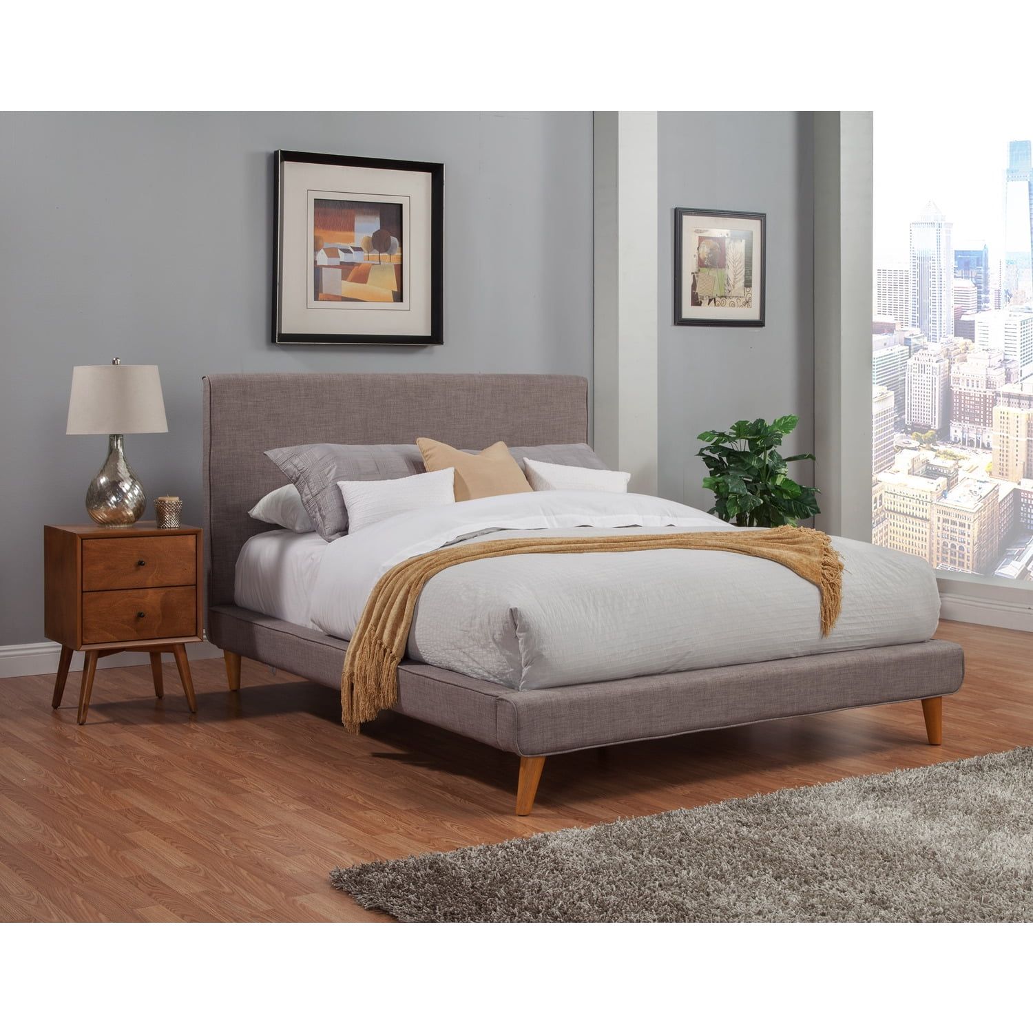 Britney Gray Upholstered Full Platform Bed with Pine Frame