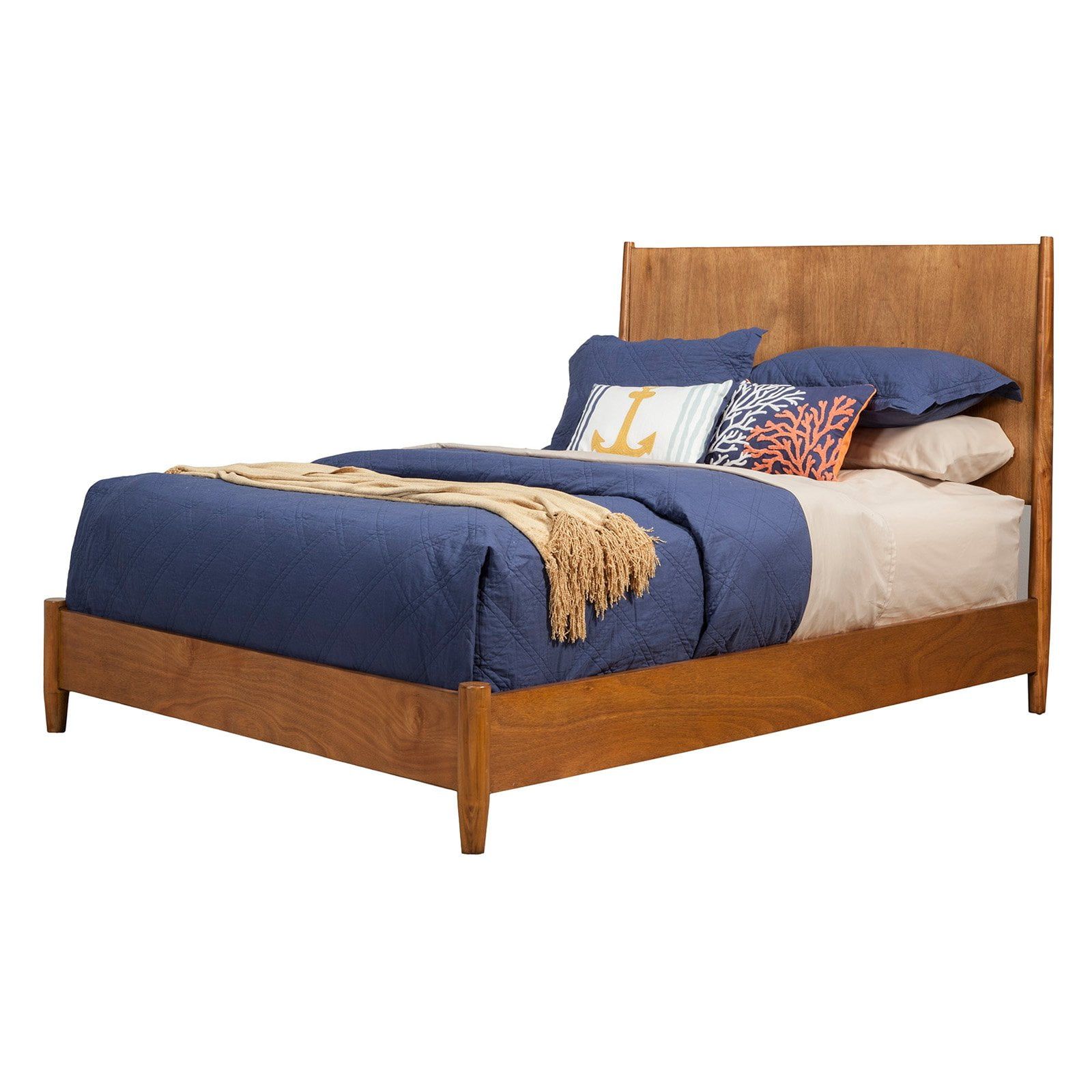 Transitional Mid-Century King Panel Bed with Drawer in Acorn