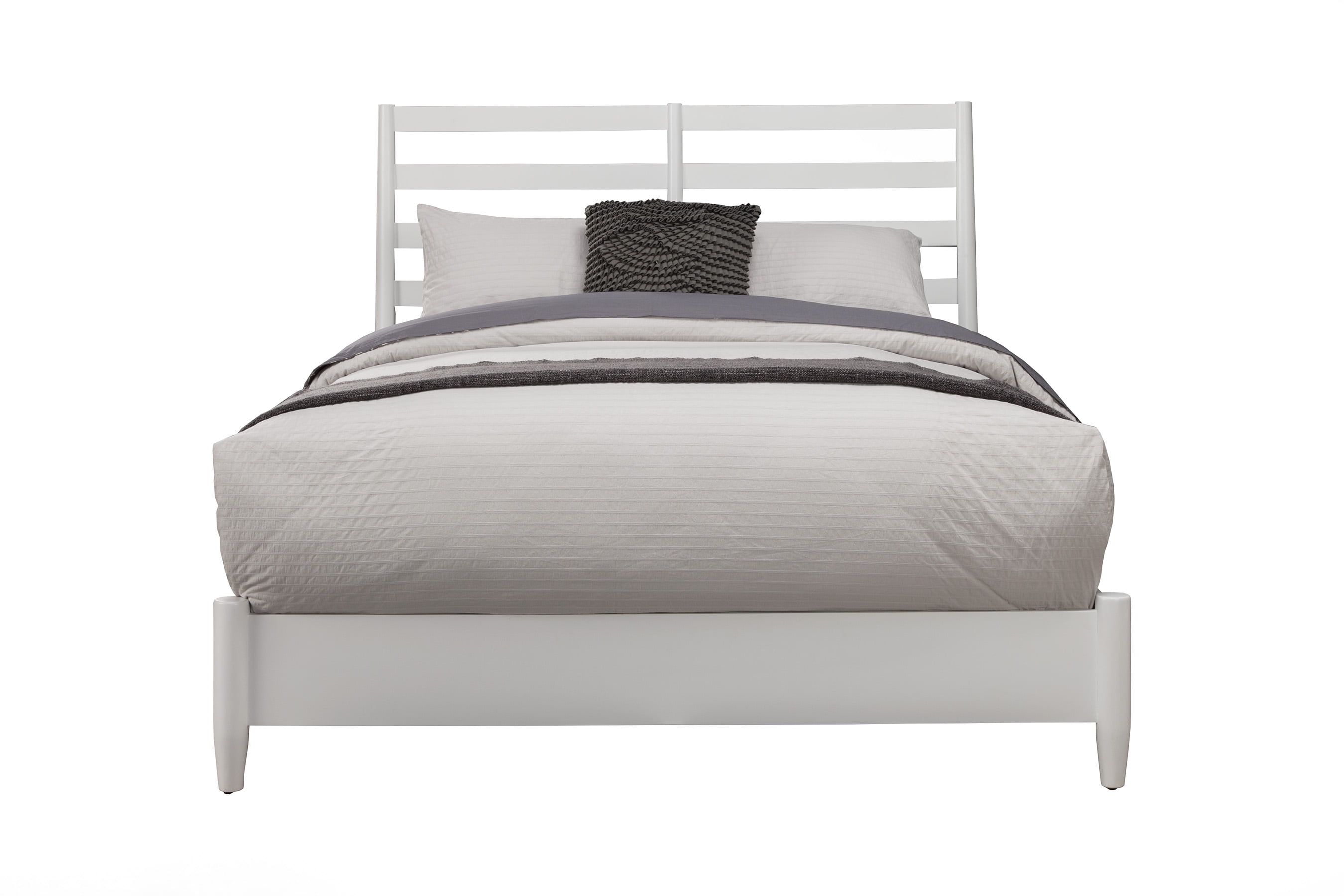 Elegant Queen-Sized White Wood Frame Panel Bed with Upholstered Slat Headboard